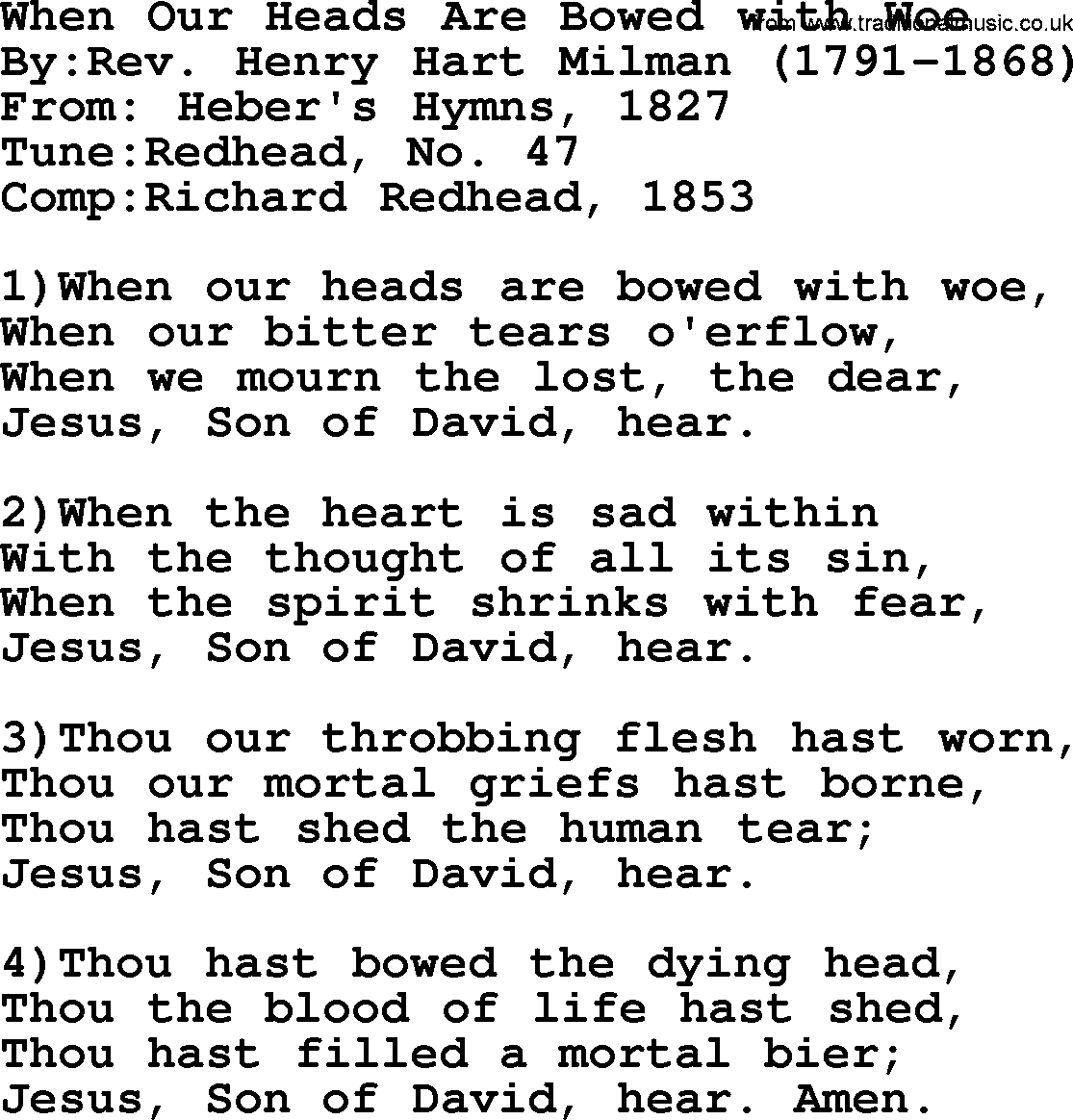 Methodist Hymn: When Our Heads Are Bowed With Woe, lyrics