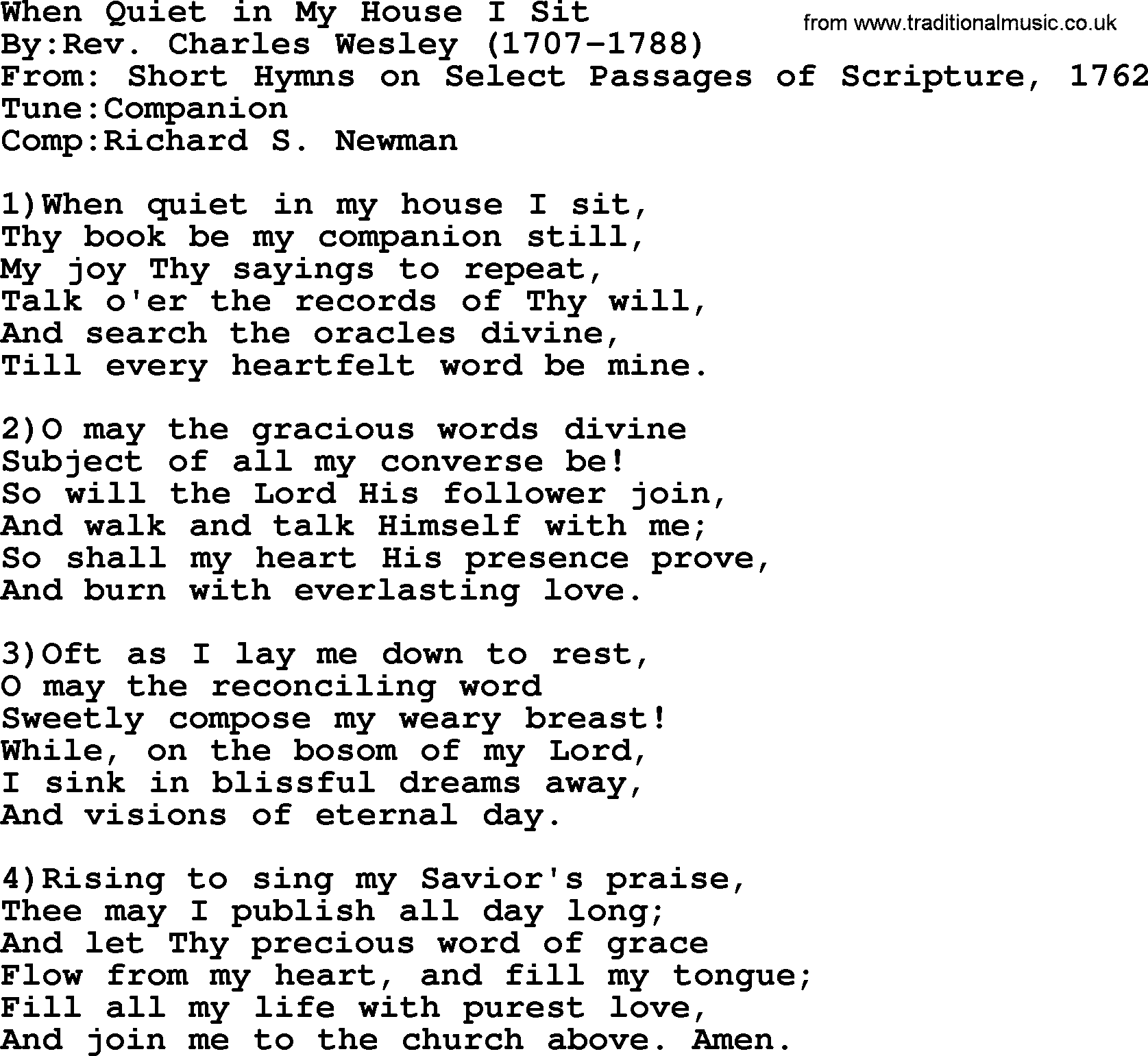 Methodist Hymn: When Quiet In My House I Sit, lyrics