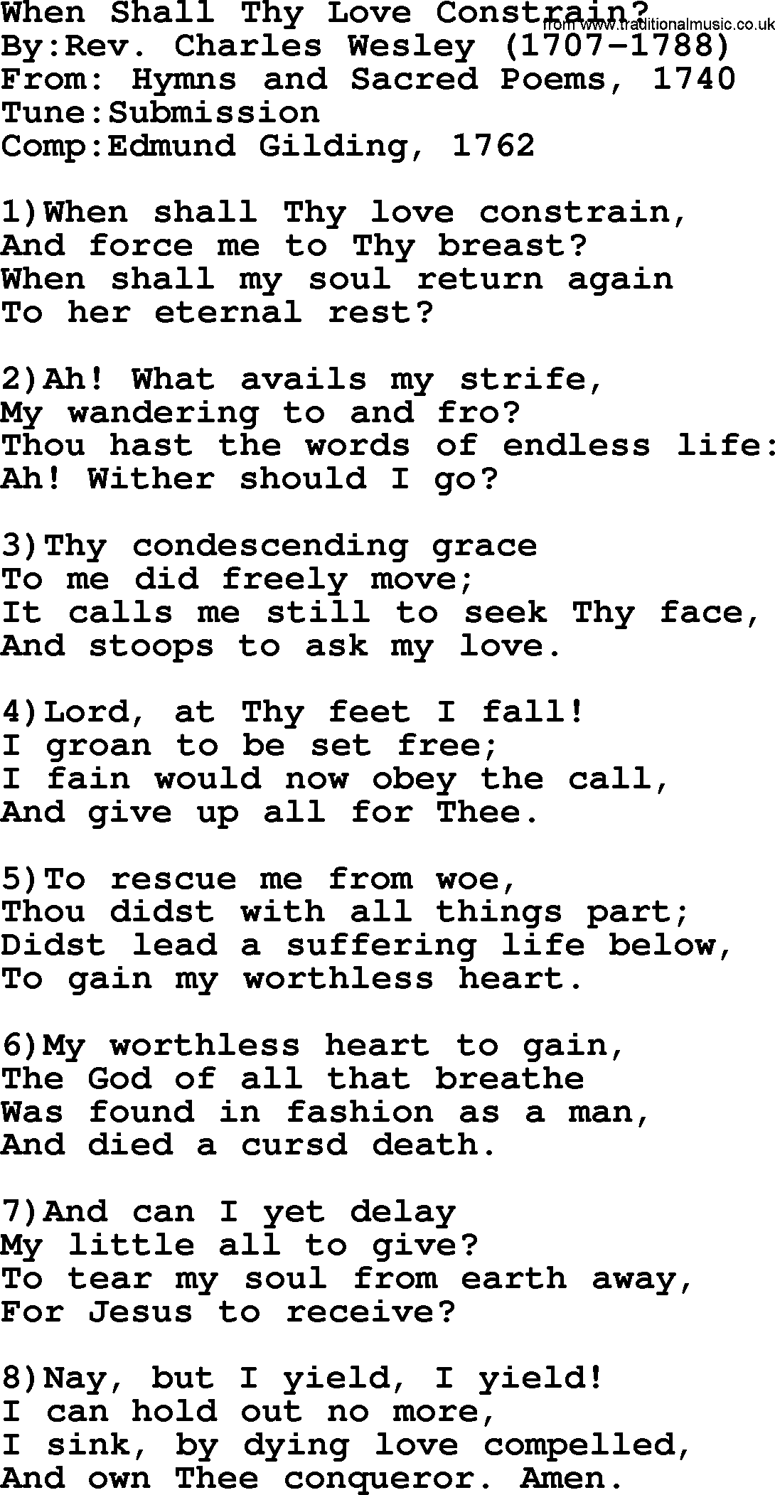 Methodist Hymn: When Shall Thy Love Constrain, lyrics