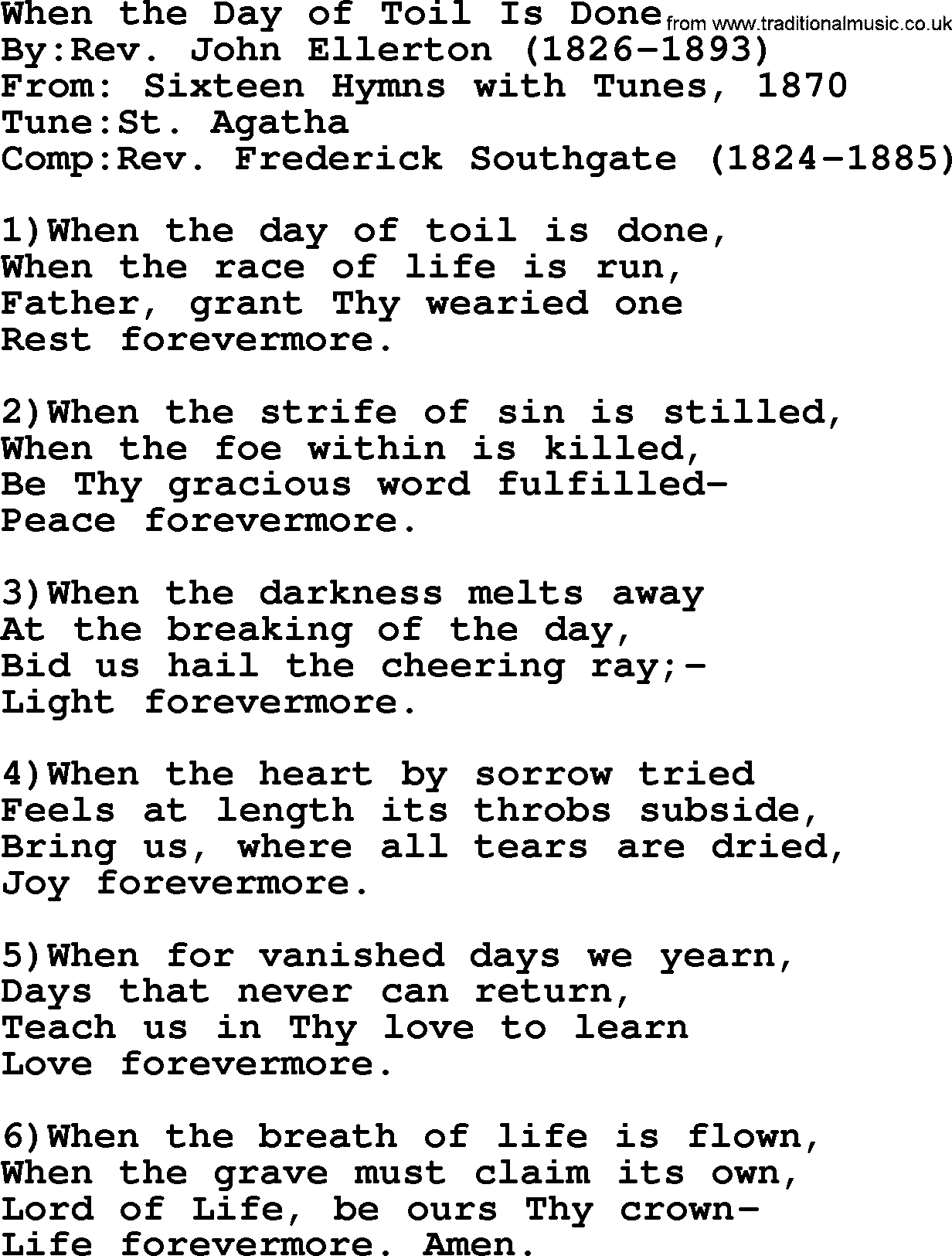 Methodist Hymn: When The Day Of Toil Is Done, lyrics