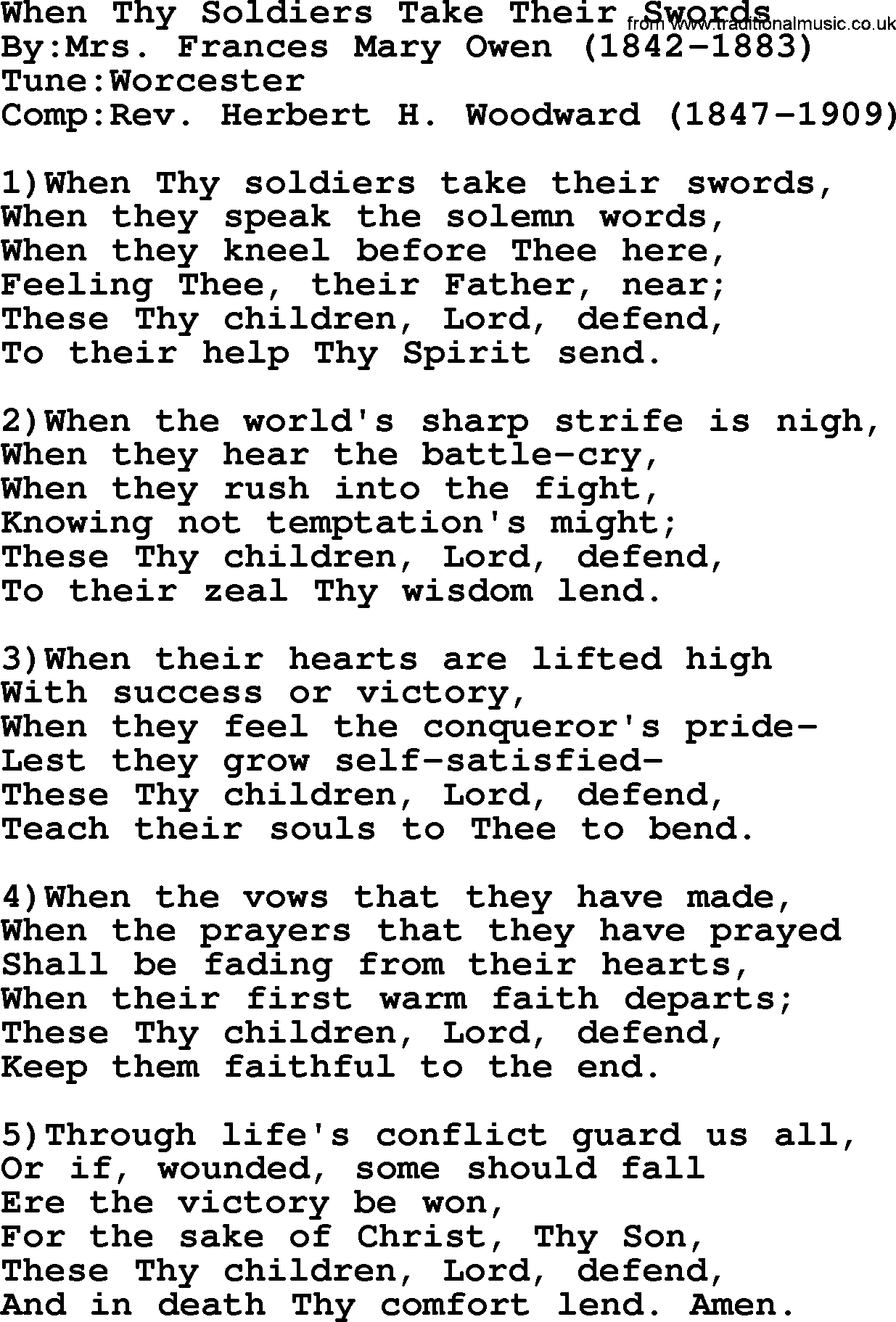Methodist Hymn: When Thy Soldiers Take Their Swords, lyrics