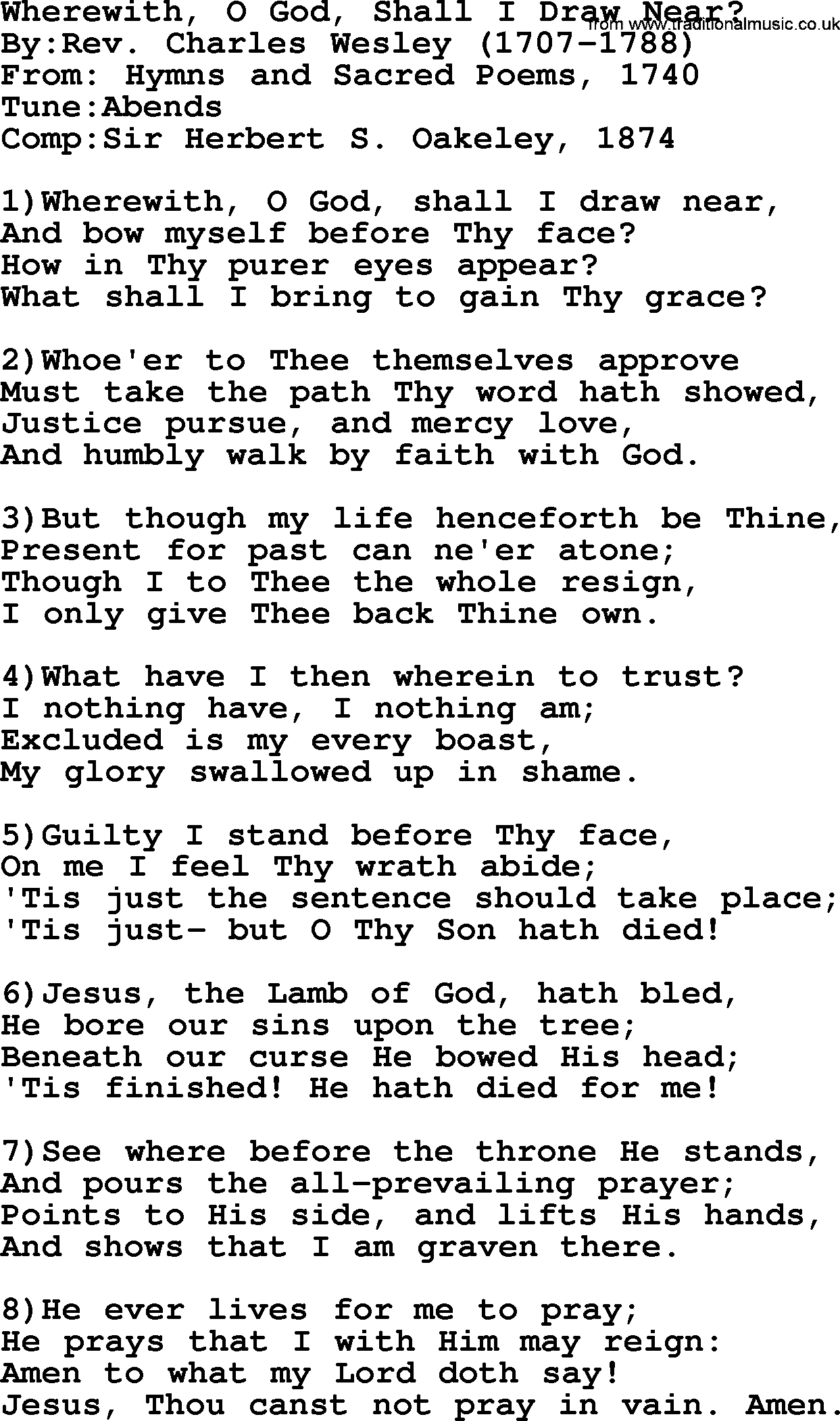 Methodist Hymn: Wherewith, O God, Shall I Draw Near, lyrics