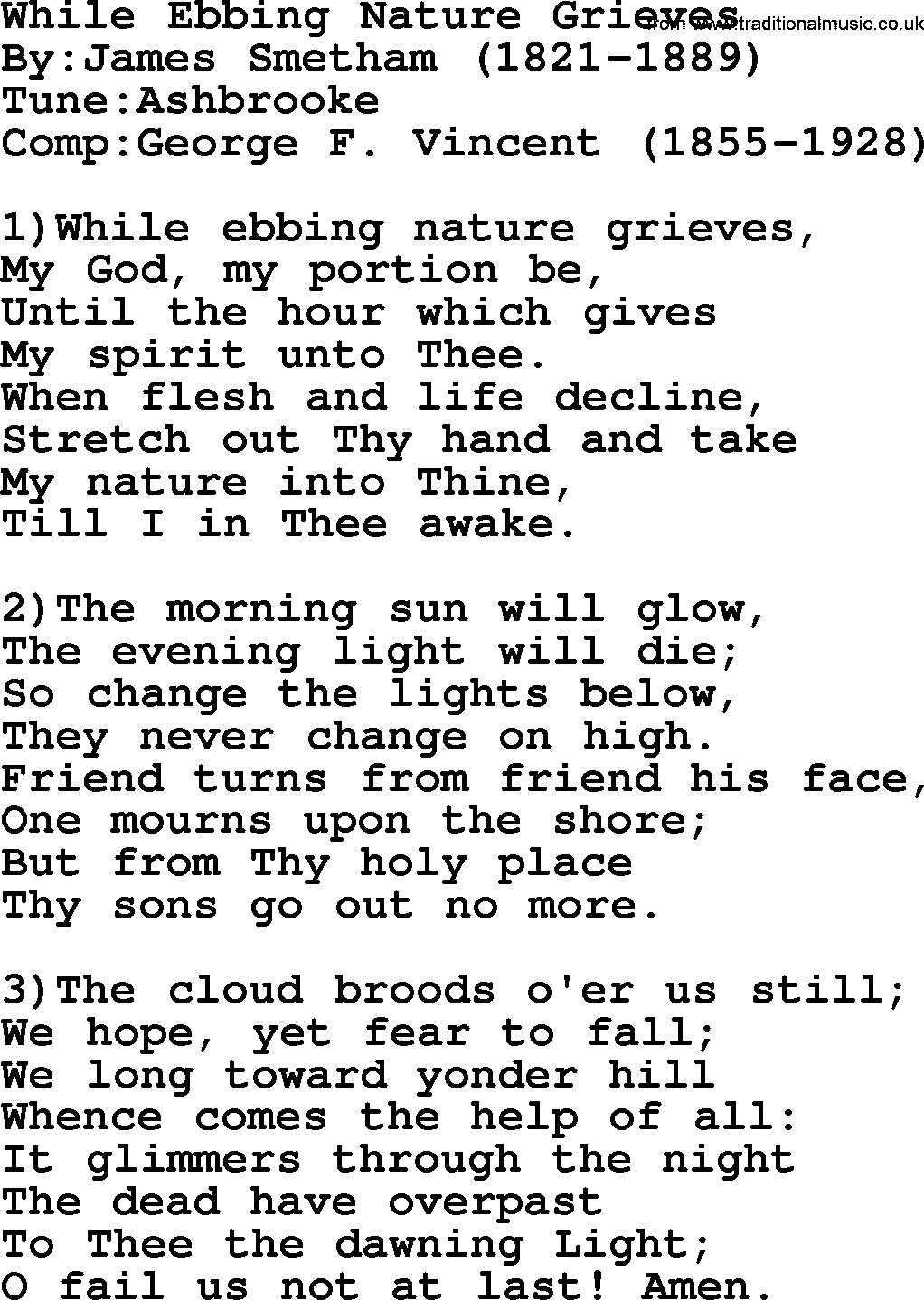 Methodist Hymn: While Ebbing Nature Grieves, lyrics