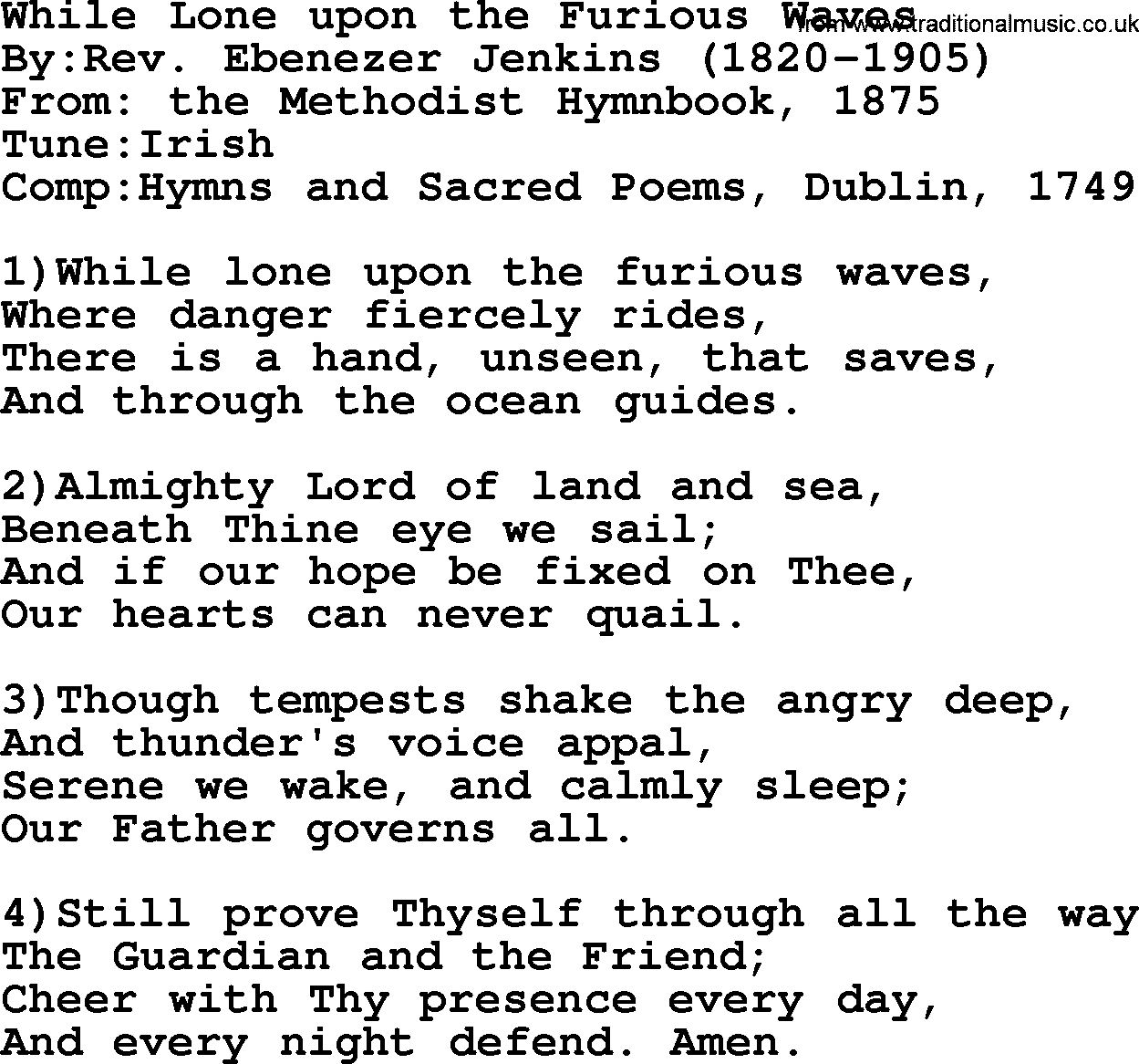 Methodist Hymn: While Lone Upon The Furious Waves, lyrics