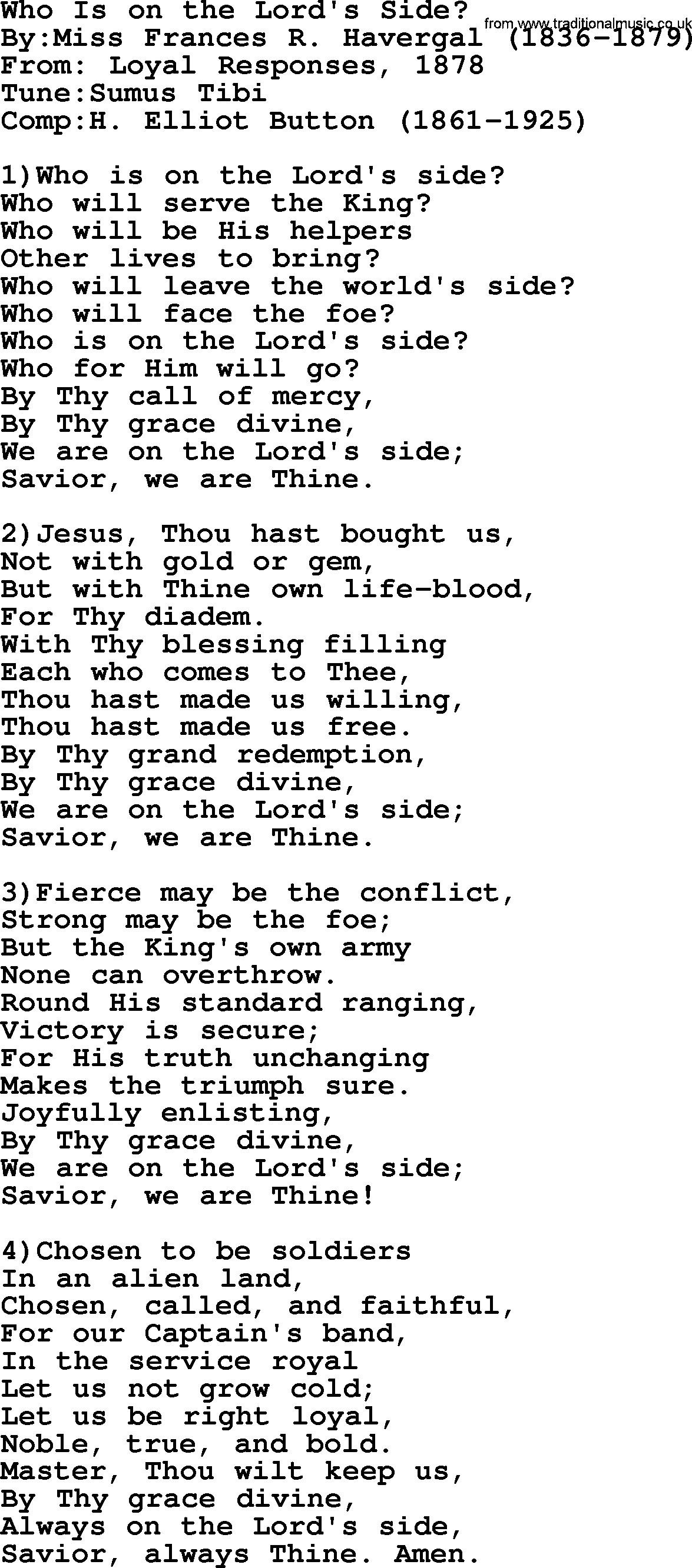 Methodist Hymn: Who Is On The Lord's Side, lyrics