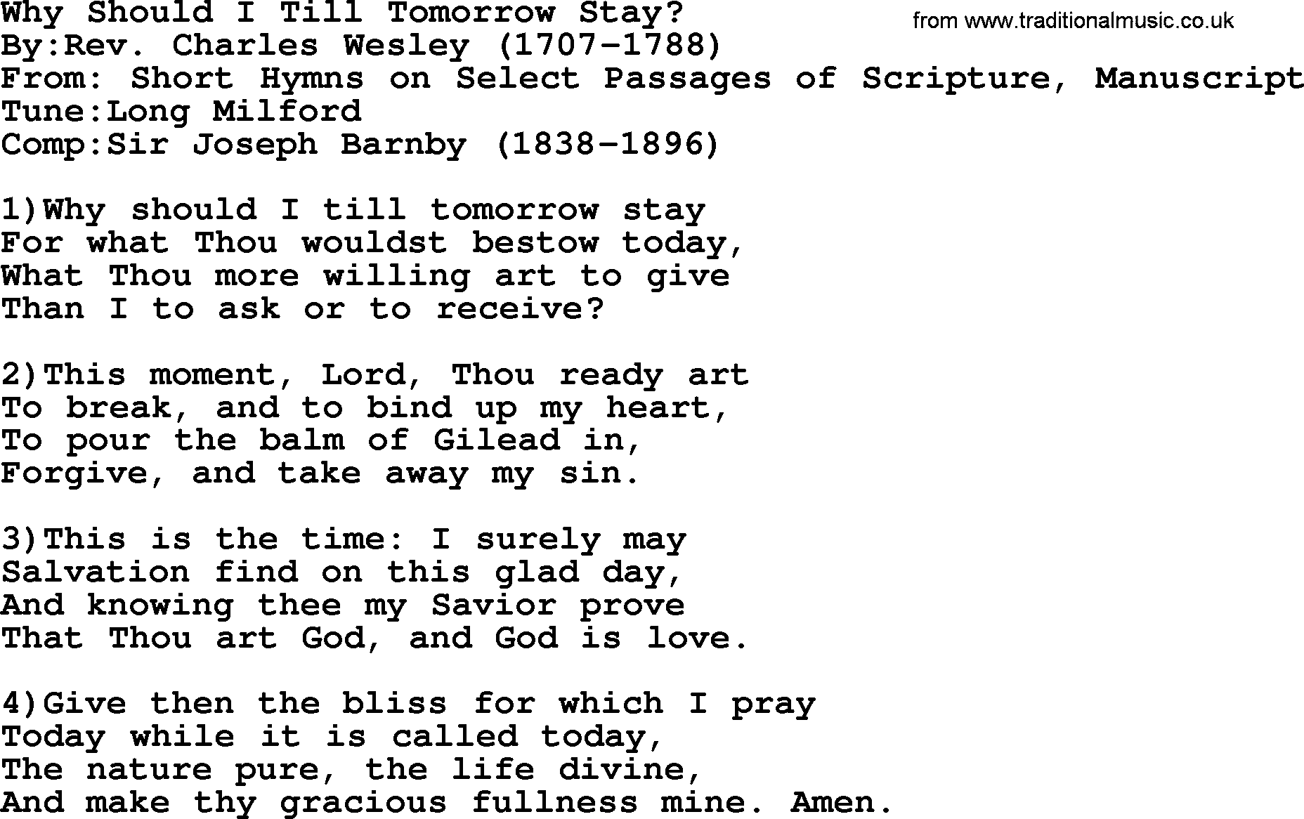 Methodist Hymn: Why Should I Till Tomorrow Stay, lyrics
