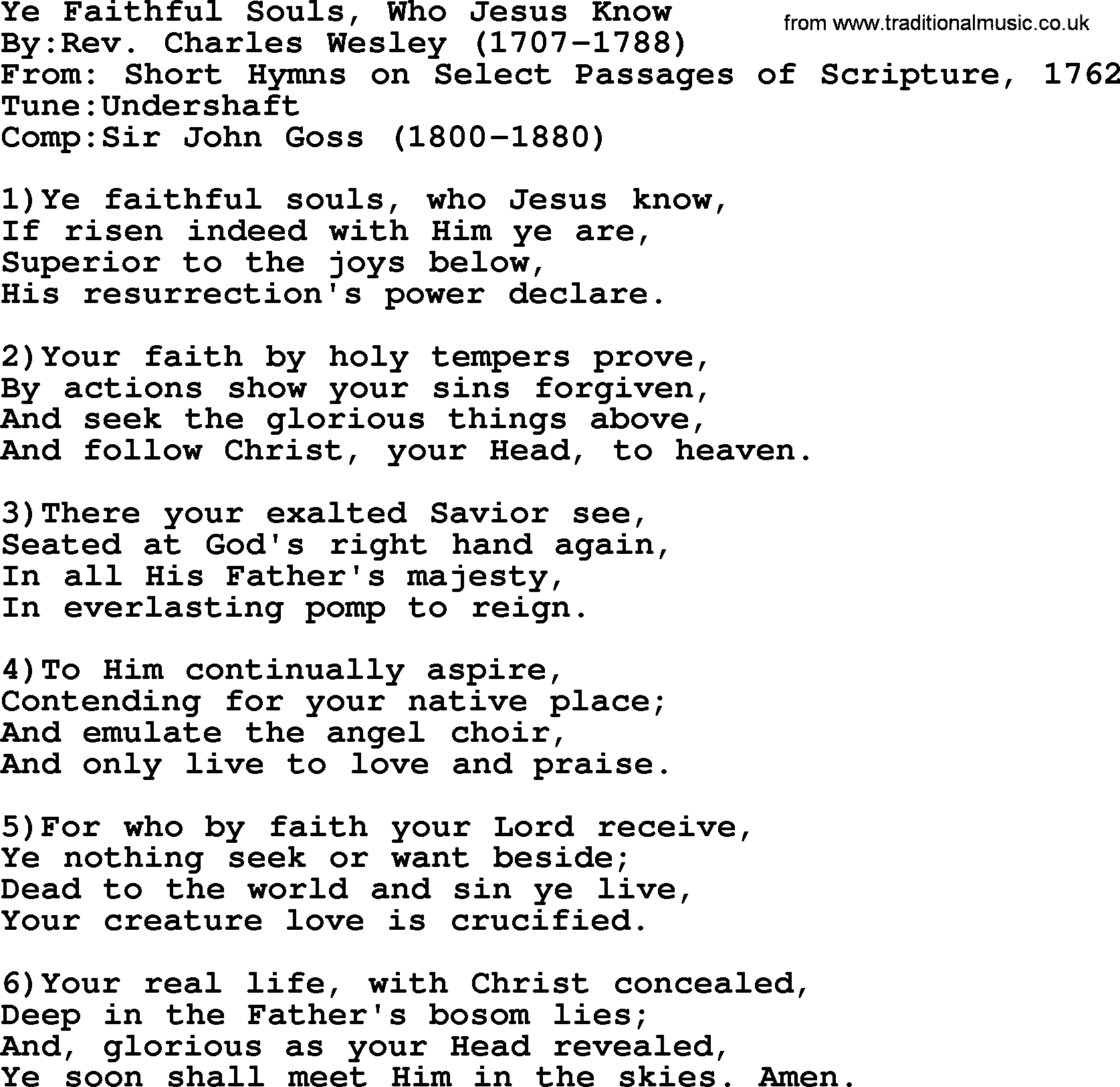 Methodist Hymn: Ye Faithful Souls, Who Jesus Know, lyrics