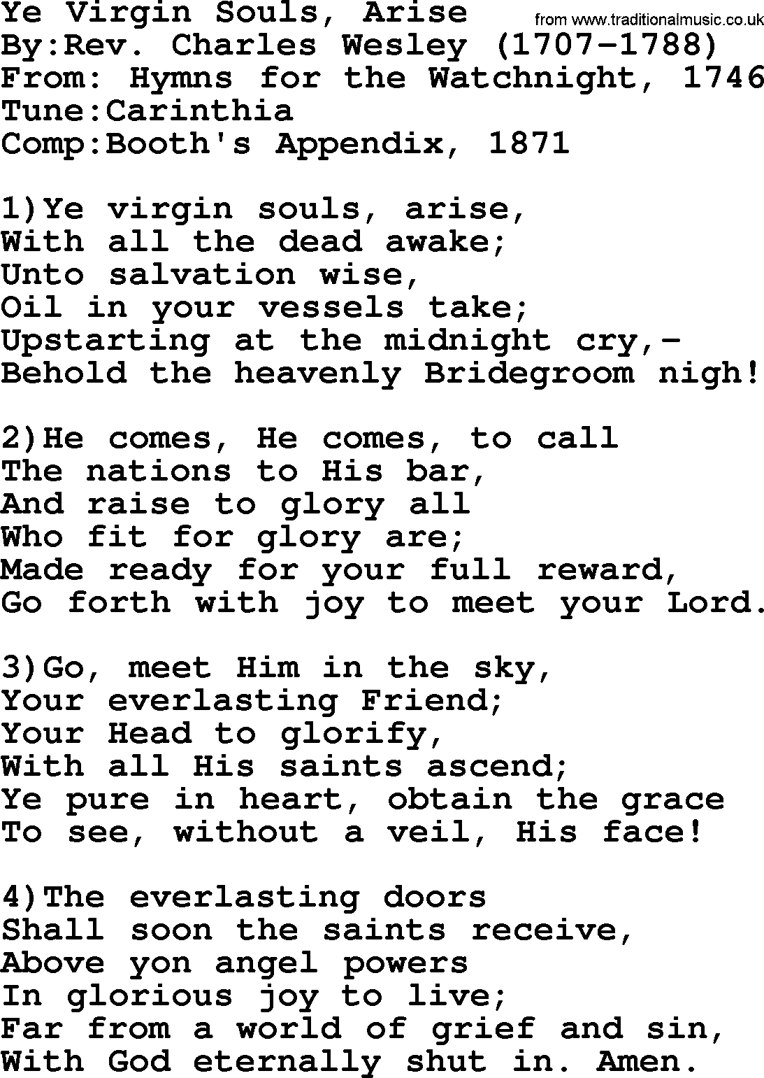 Methodist Hymn: Ye Virgin Souls, Arise, lyrics