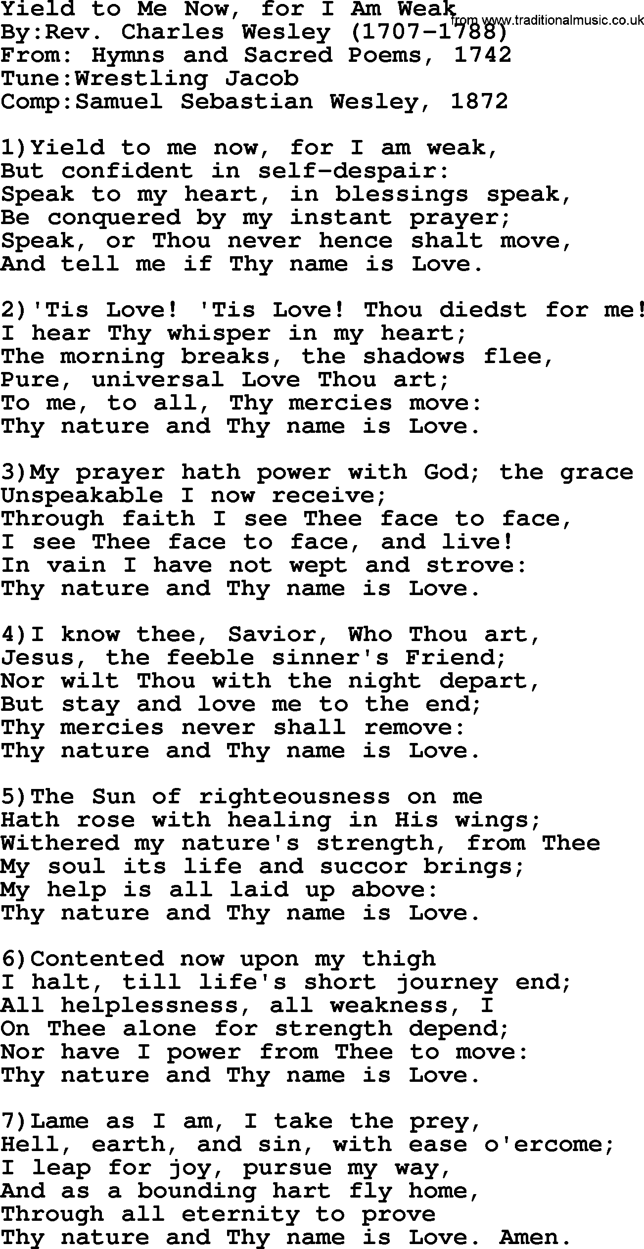 Methodist Hymn: Yield To Me Now, For I Am Weak, lyrics