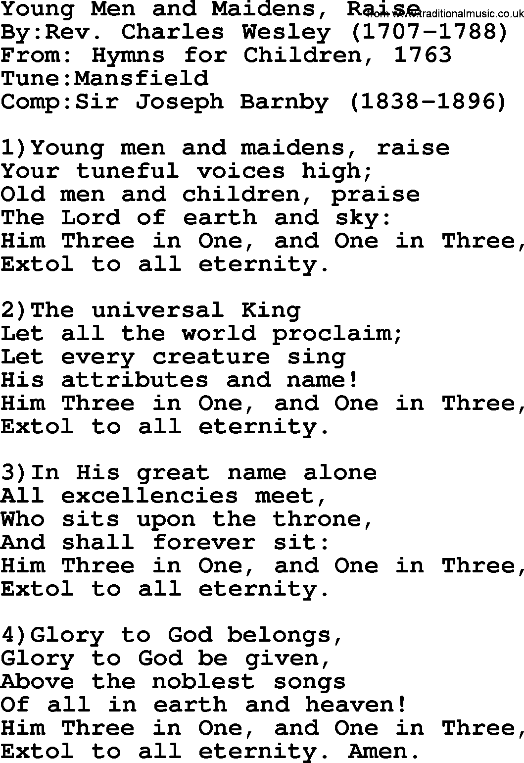 Methodist Hymn: Young Men And Maidens, Raise, lyrics