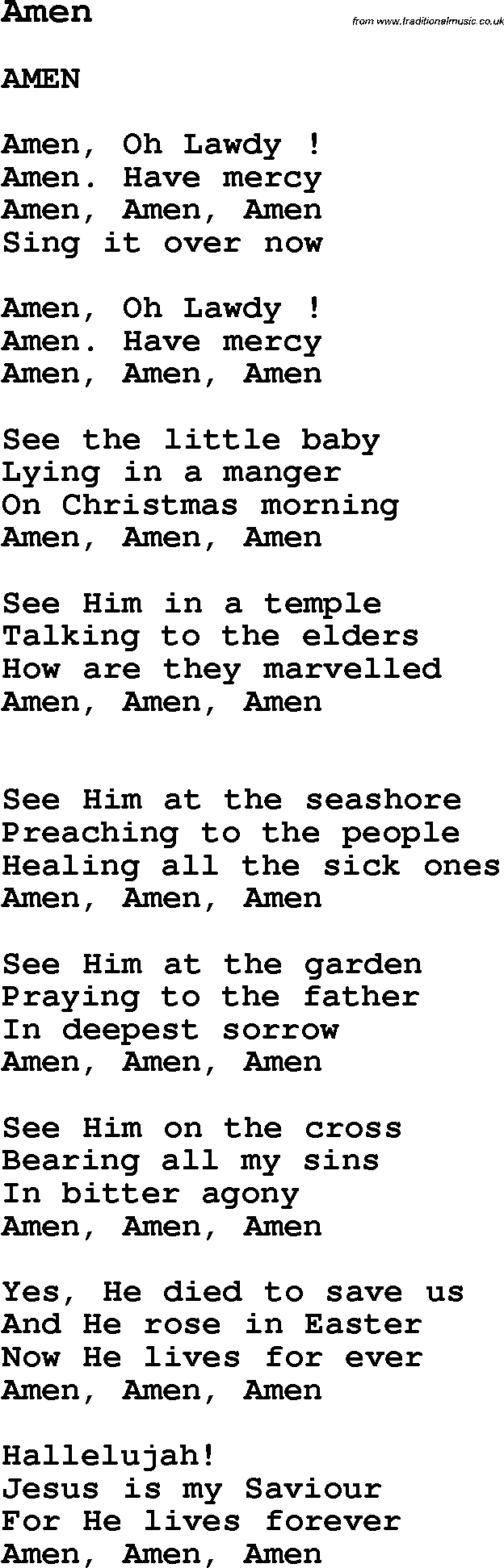 Negro Spiritual Song Lyrics for Amen