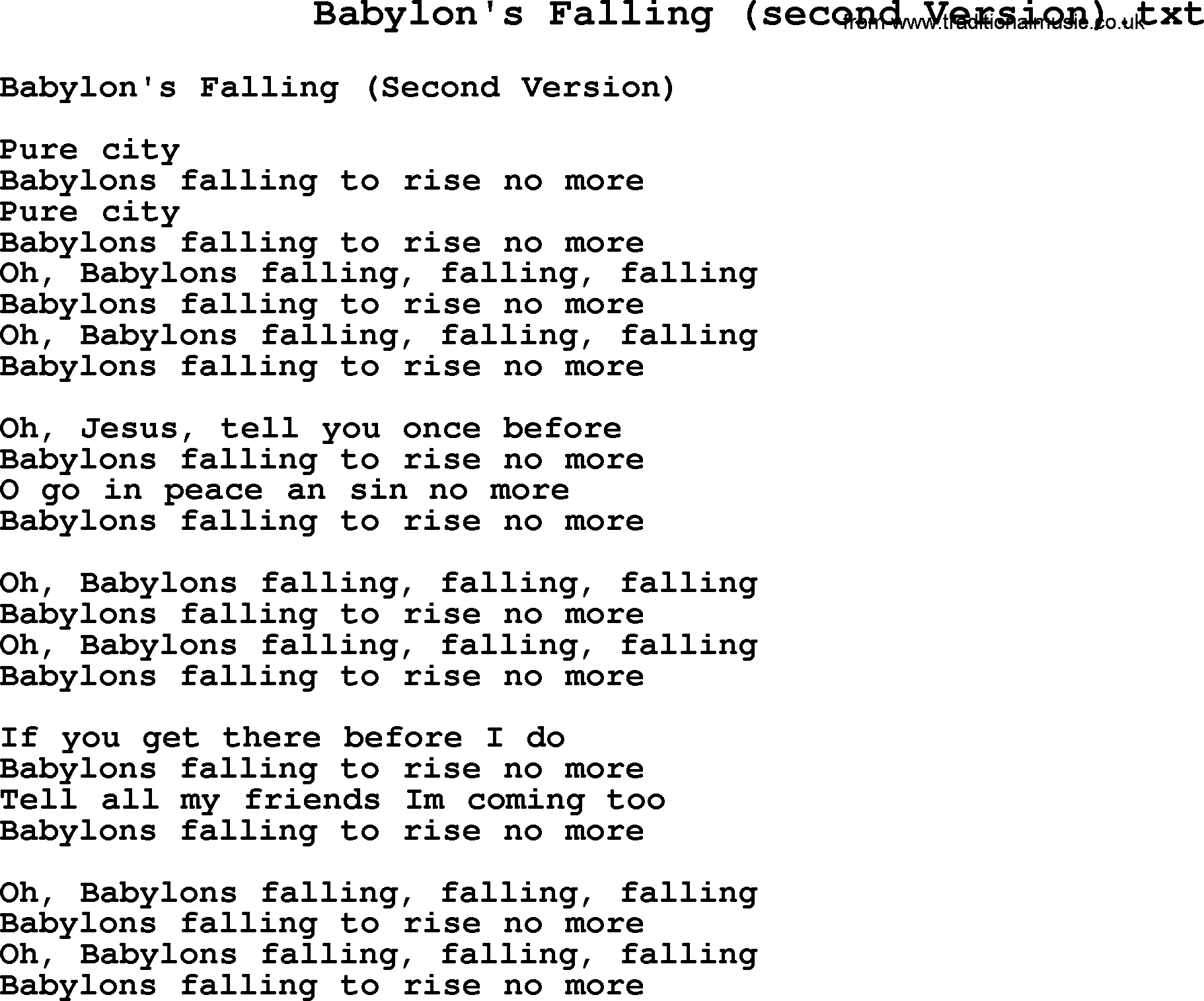 Negro Spiritual Song Lyrics for Babylon's Falling(2)