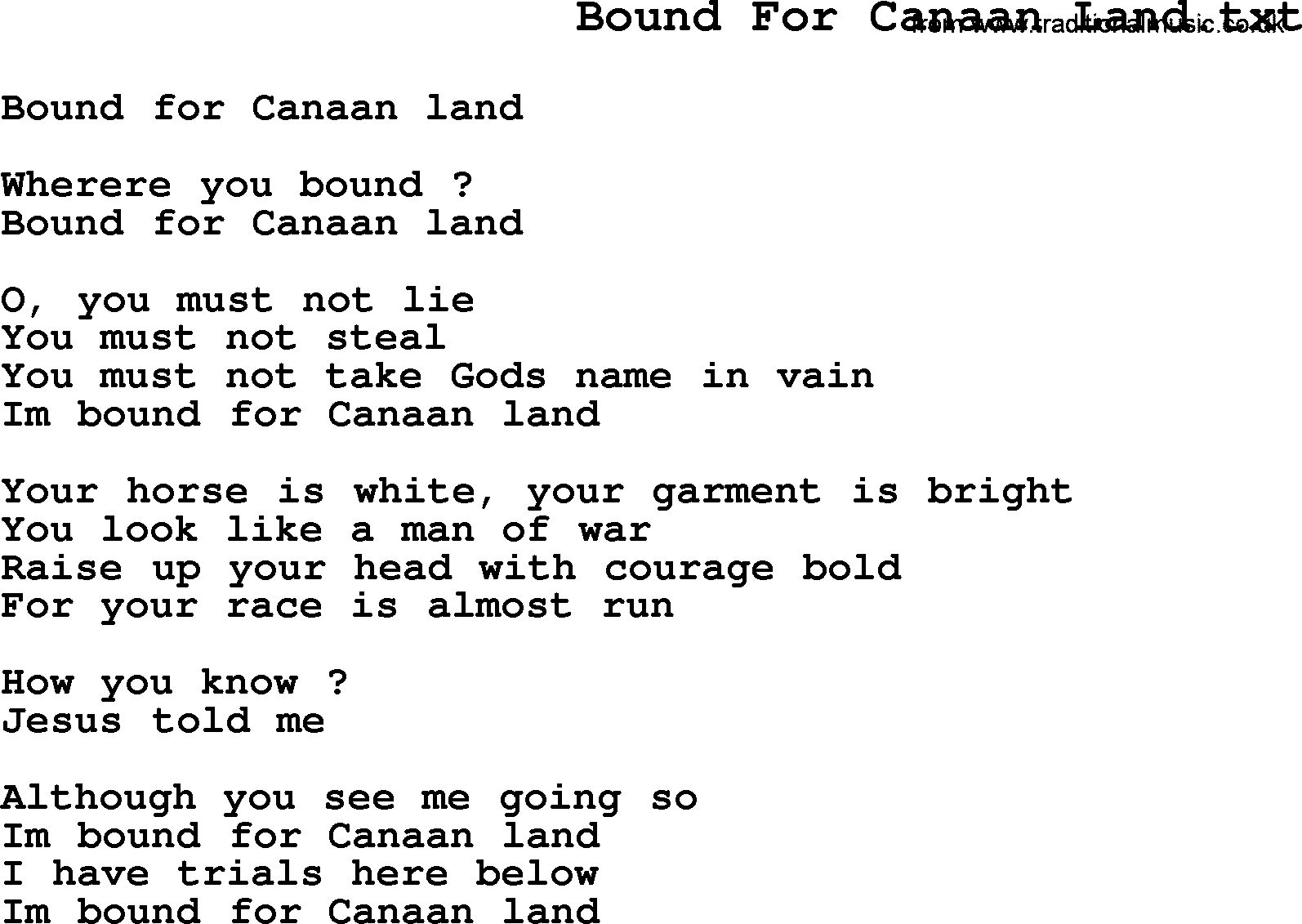 Negro Spiritual Song Lyrics for Bound For Canaan Land