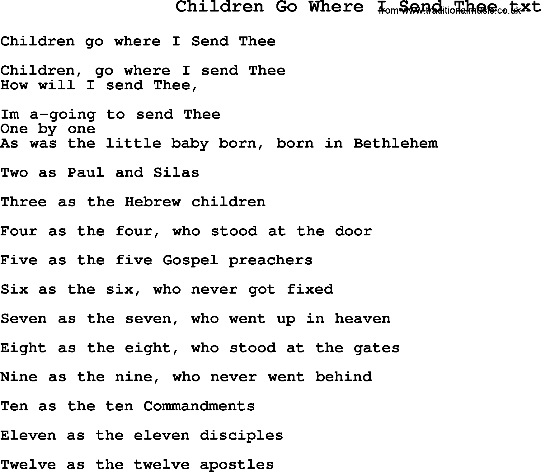 Negro Spiritual Song Lyrics for Children Go Where I Send Thee