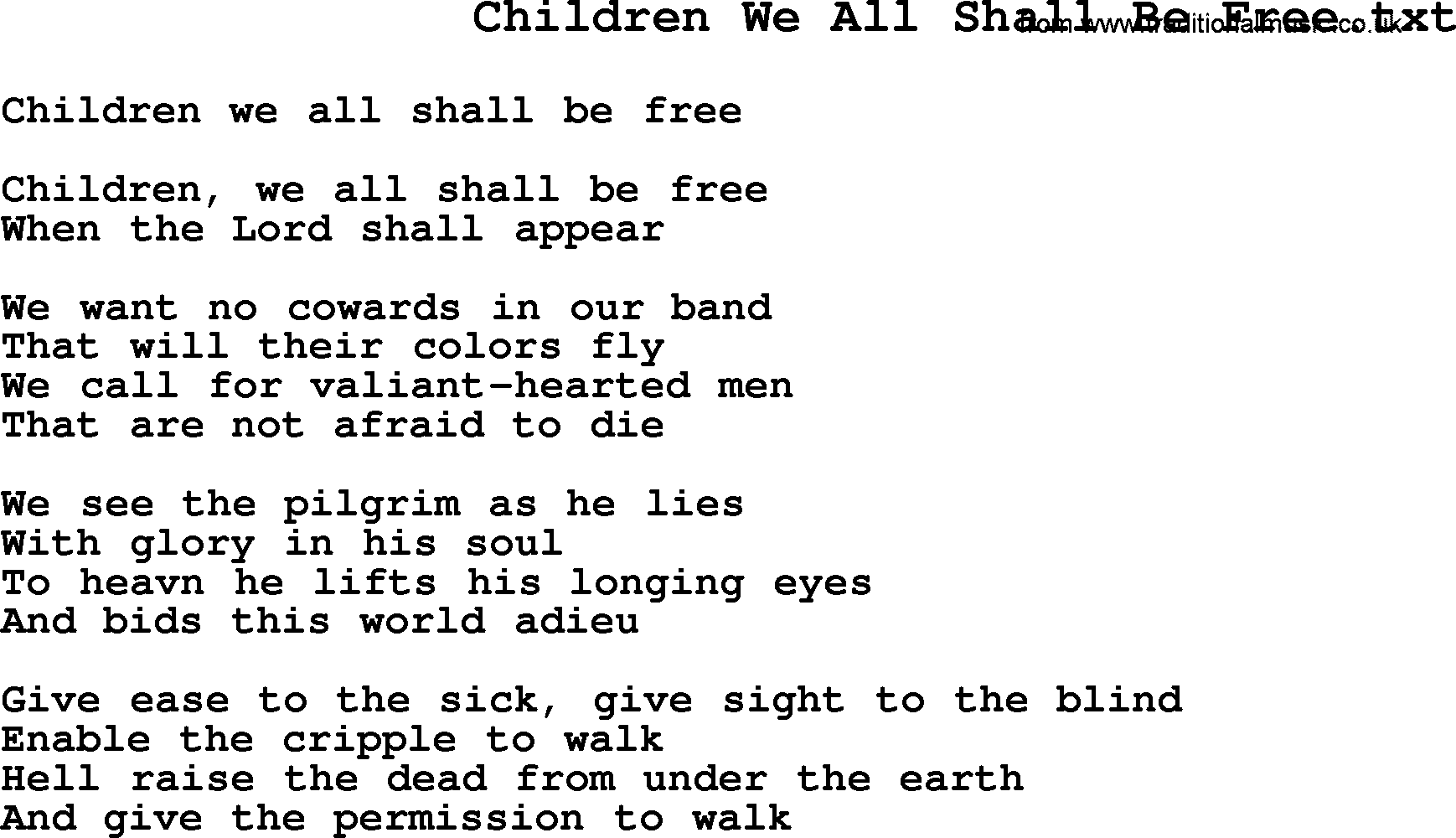 Negro Spiritual Song Lyrics for Children We All Shall Be Free