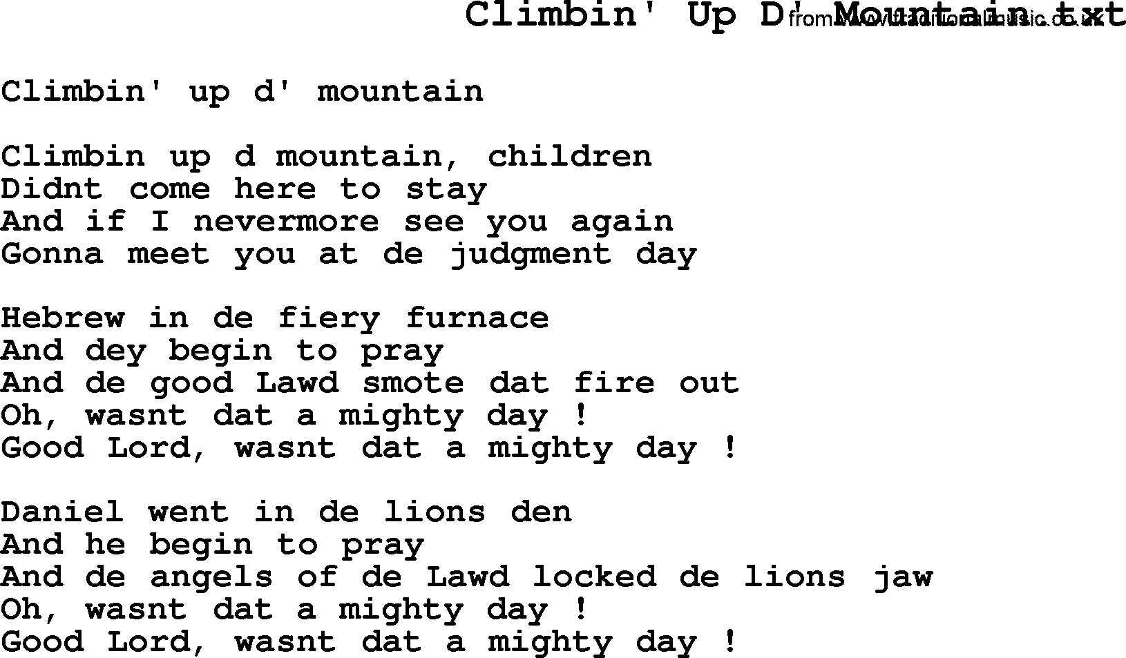 Negro Spiritual Song Lyrics for Climbin' Up D' Mountain