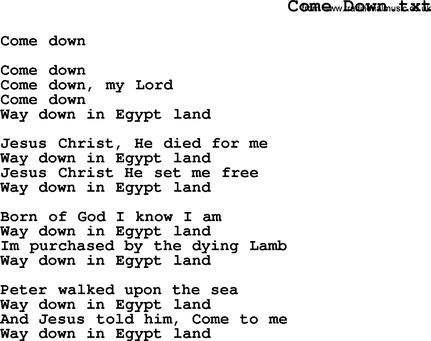 Negro Spiritual Song Lyrics for Come Down