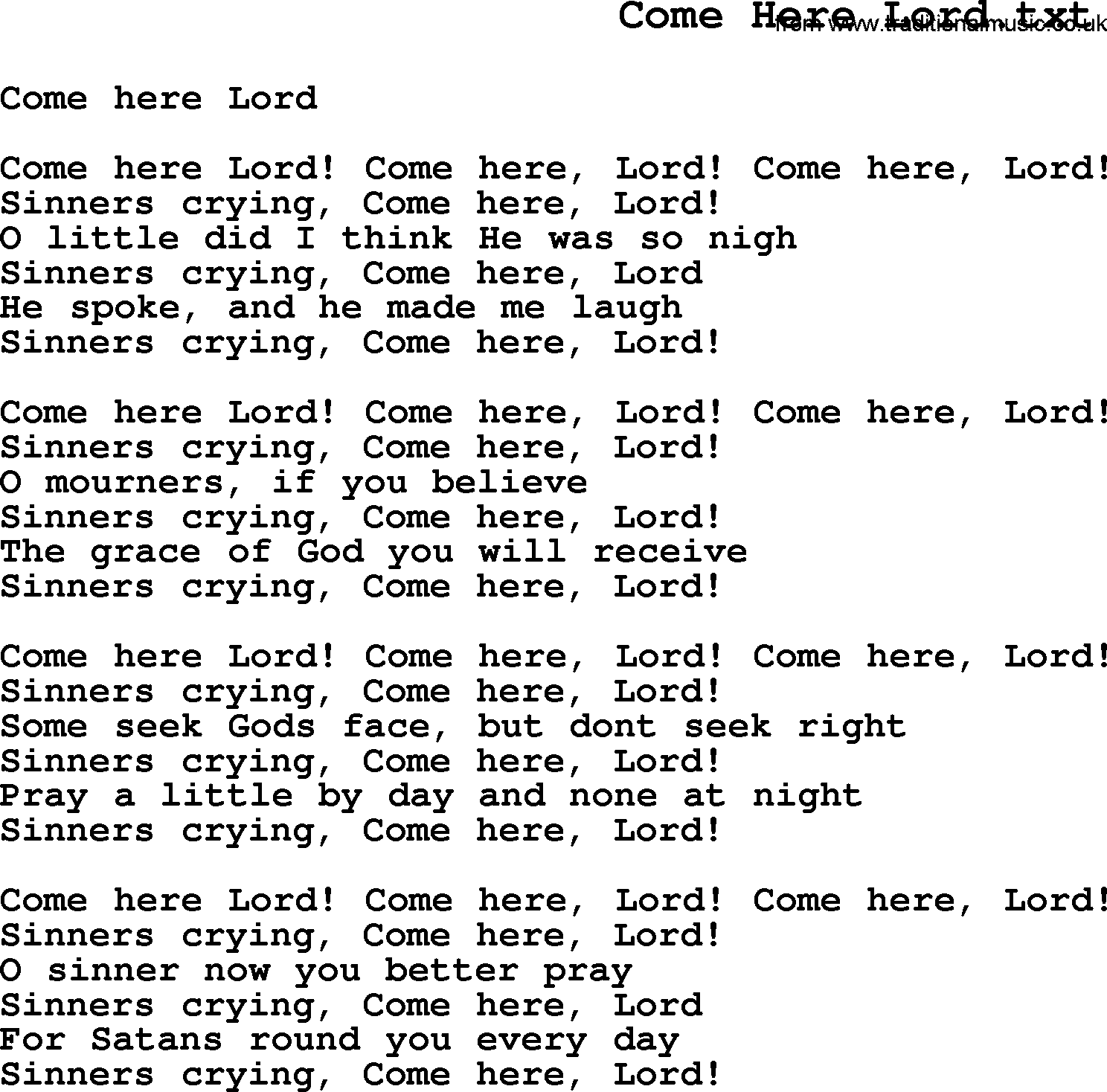 Negro Spiritual Song Lyrics for Come Here Lord