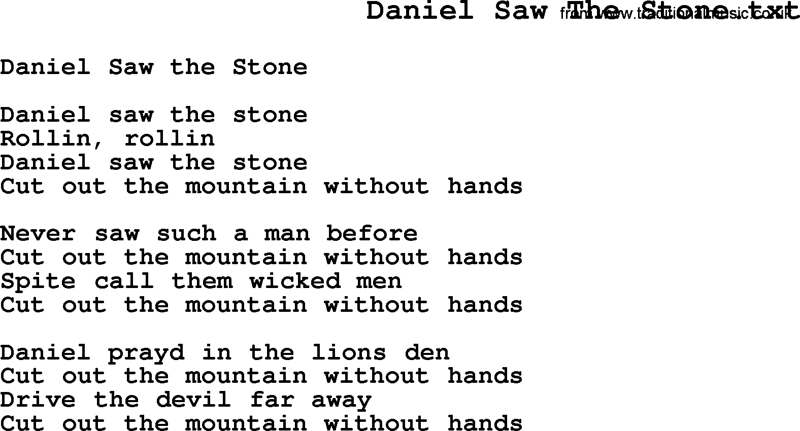 Negro Spiritual Song Lyrics for Daniel Saw The Stone