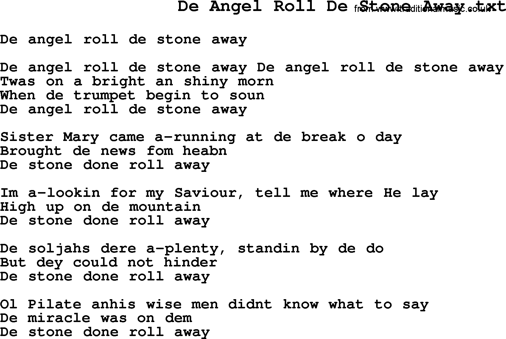 Negro Spiritual Song Lyrics for De Angel Roll De Stone Away