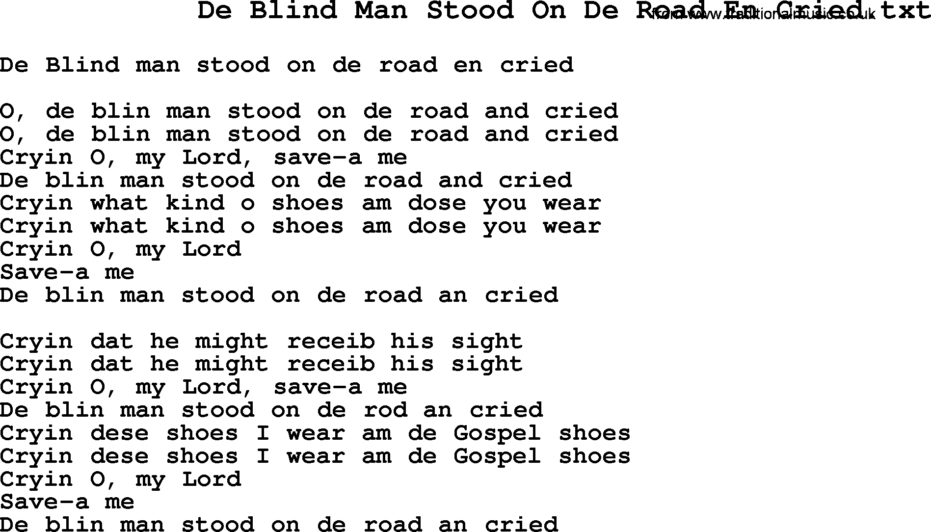 Negro Spiritual Song Lyrics for De Blind Man Stood On De Road En Cried