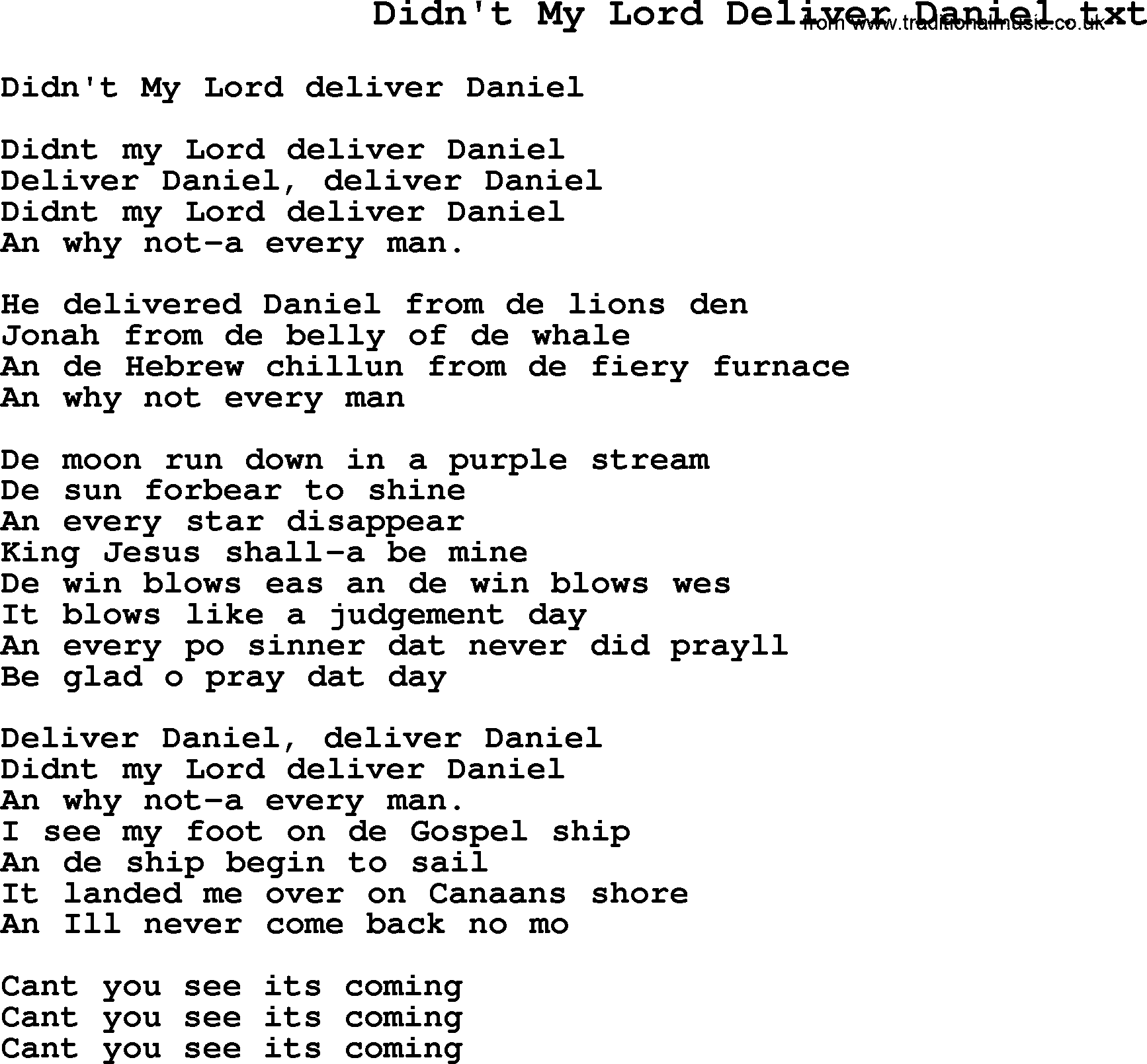 Negro Spiritual Song Lyrics for Didn't My Lord Deliver Daniel