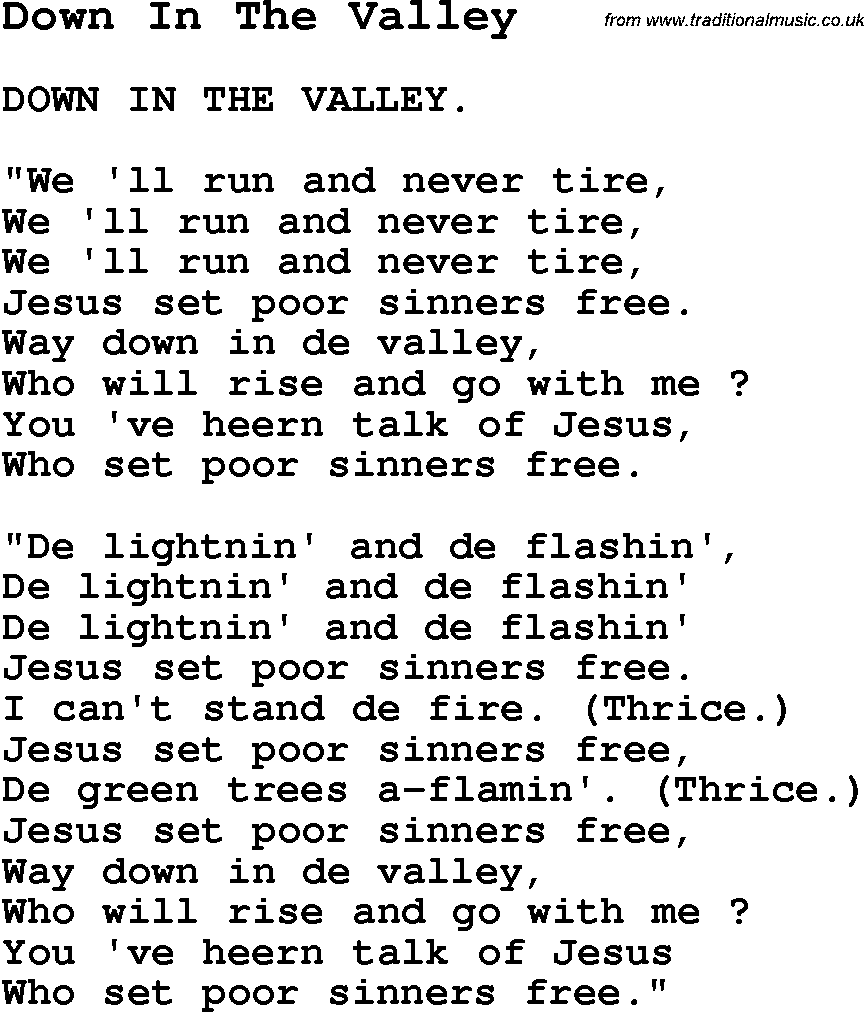 Negro Spiritual Song Lyrics for Down In The Valley
