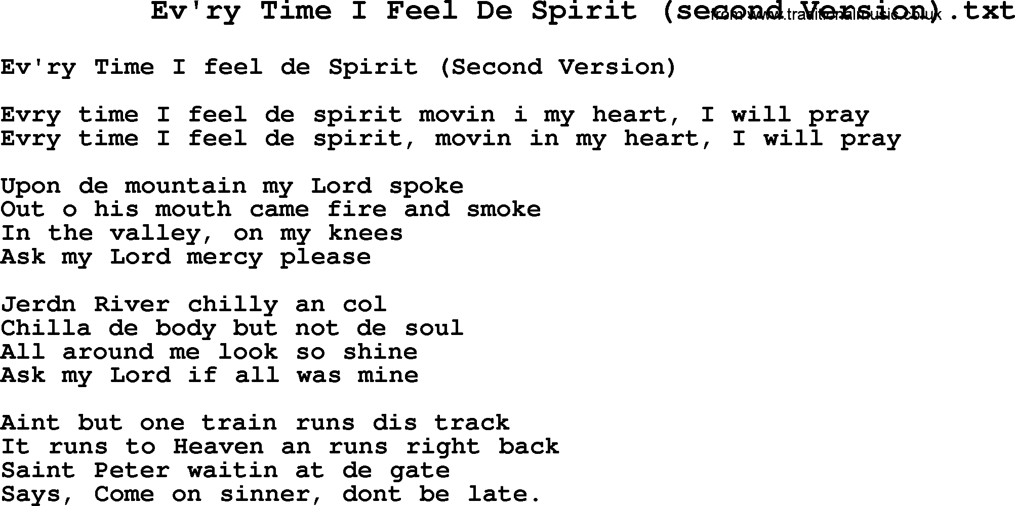 Negro Spiritual Song Lyrics for Ev'ry Time I Feel De Spirit(2)