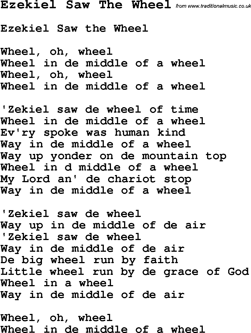 Negro Spiritual Song Lyrics for Ezekiel Saw The Wheel