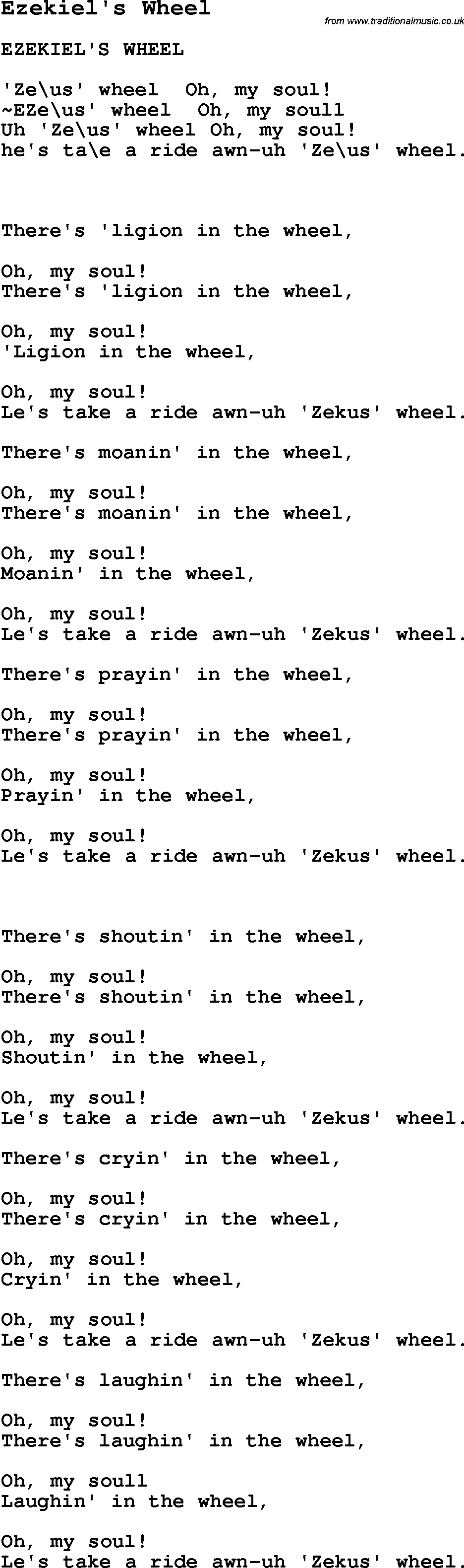 Negro Spiritual Song Lyrics for Ezekiel's Wheel