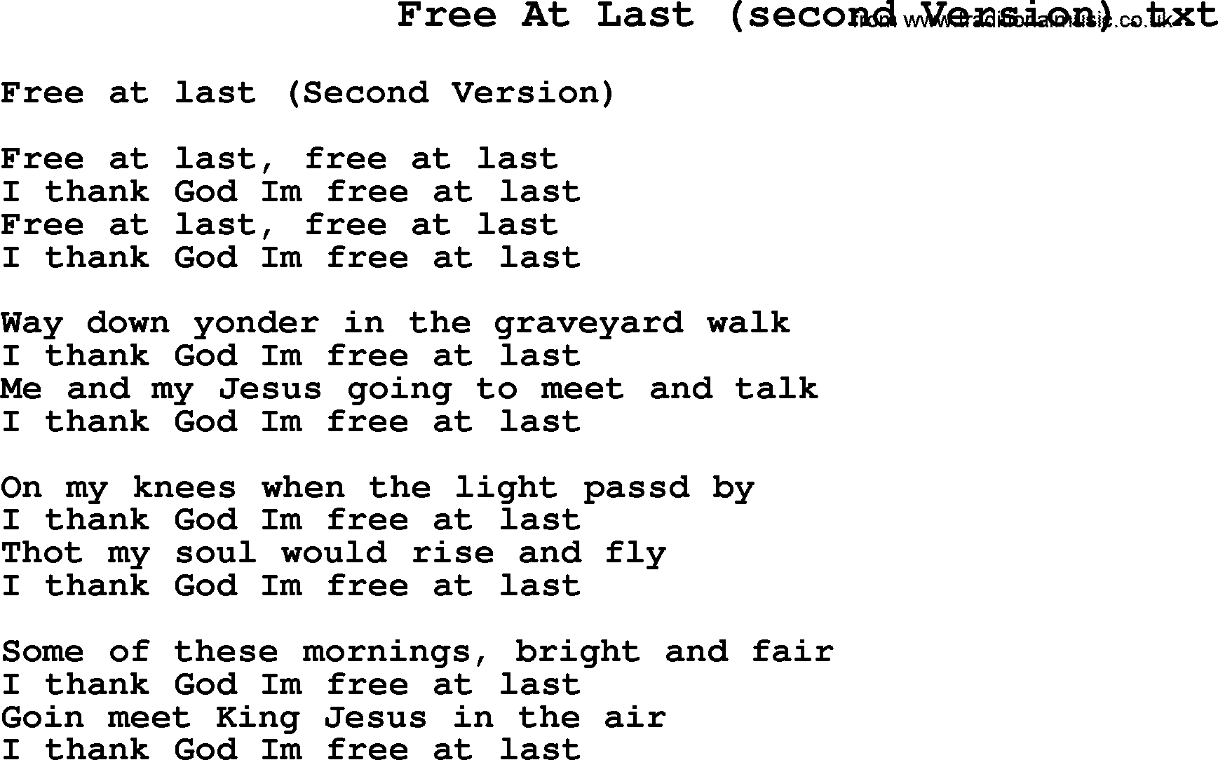 Negro Spiritual Song Lyrics for Free At Last(2)