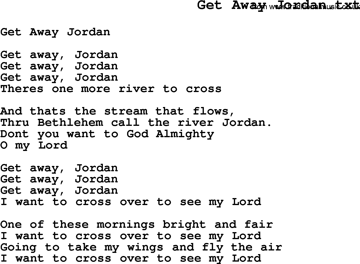Negro Spiritual Song Lyrics for Get Away Jordan