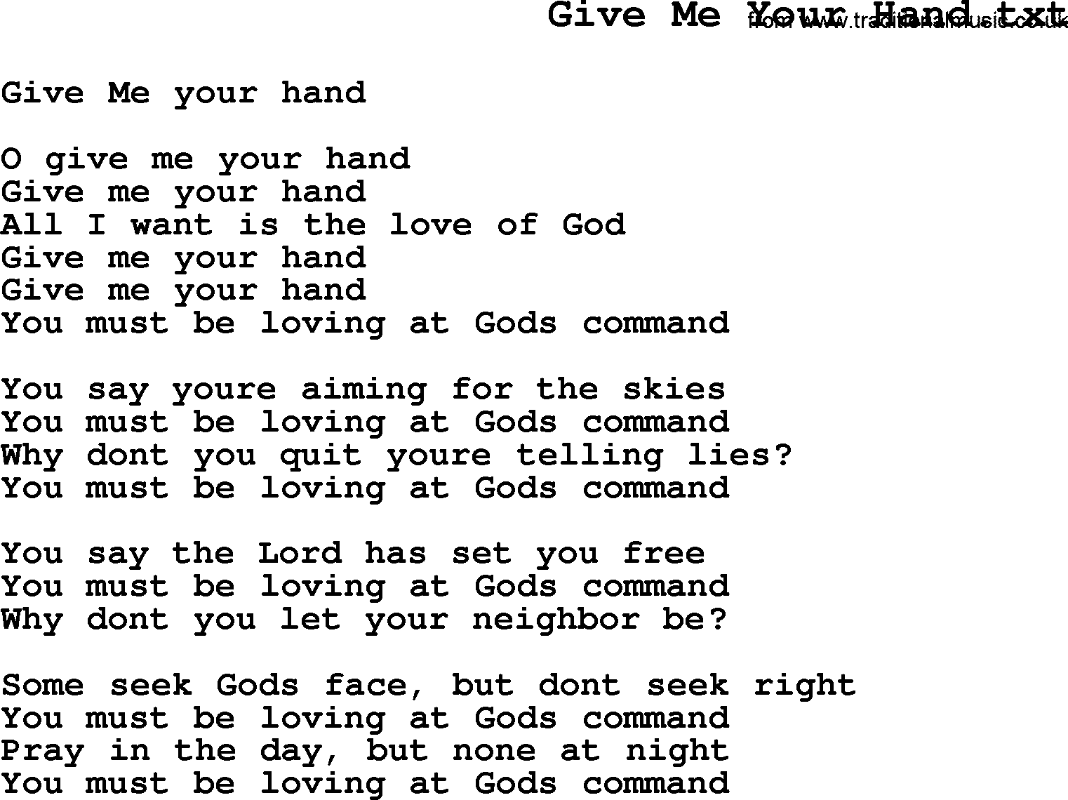 Negro Spiritual Song Lyrics for Give Me Your Hand