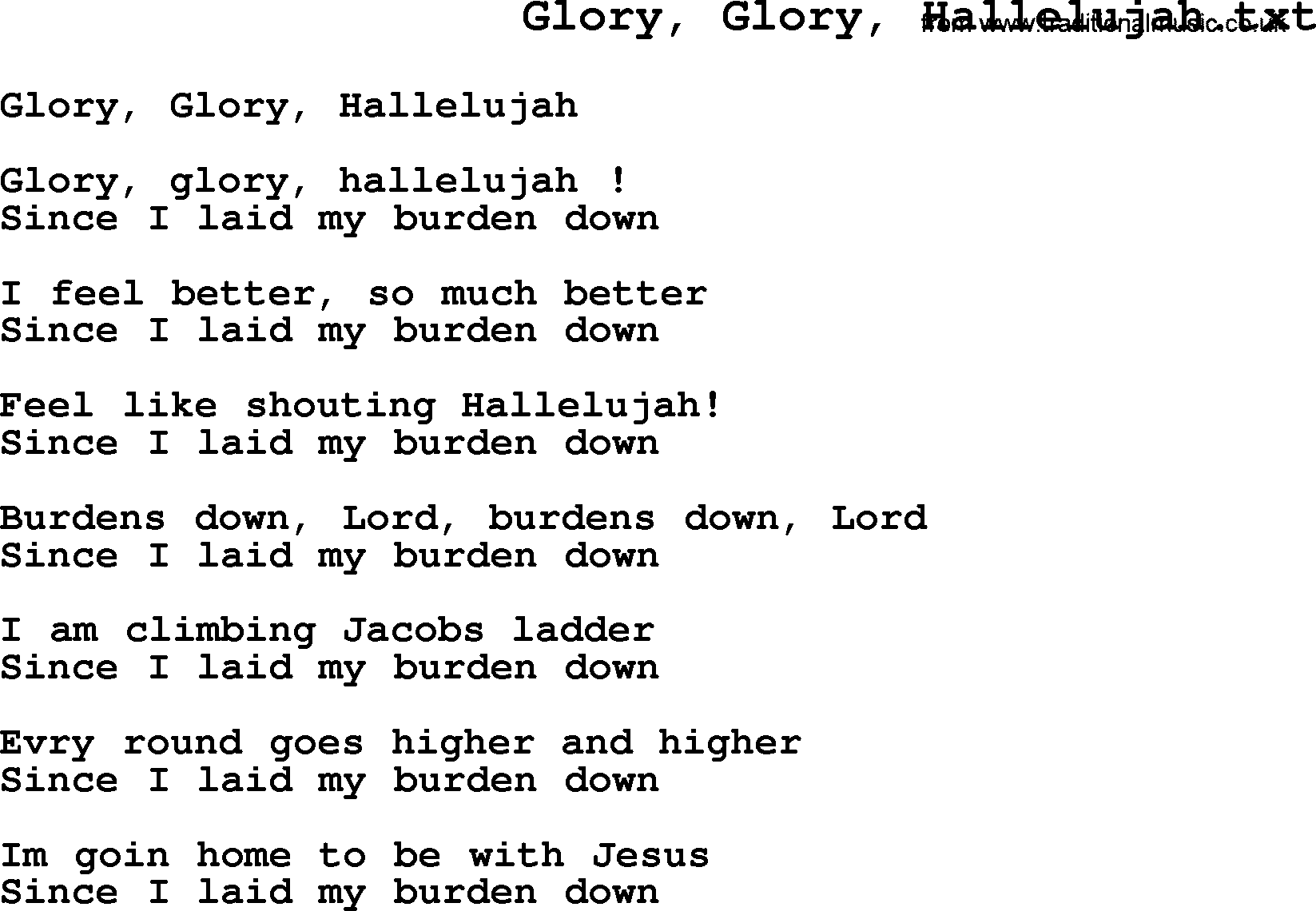 Negro Spiritual Song Lyrics for Glory, Glory, Hallelujah
