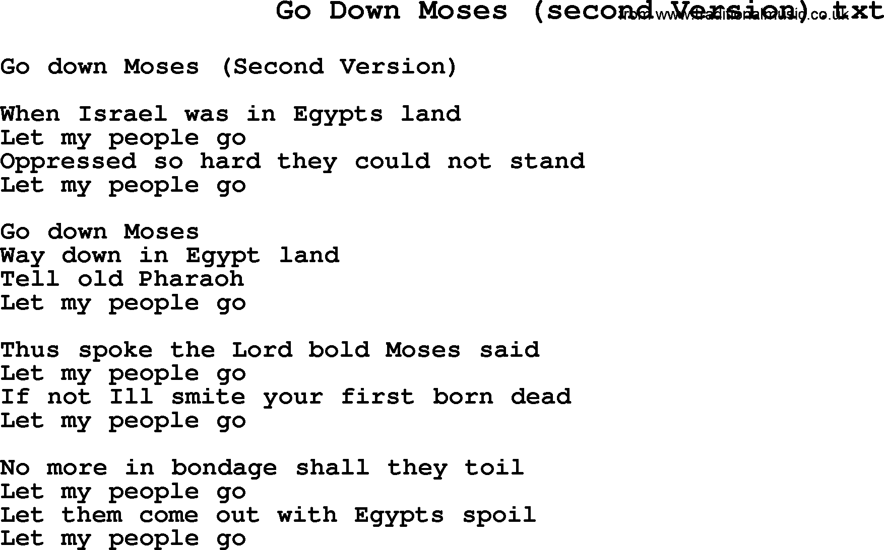 Negro Spiritual Song Lyrics for Go Down Moses(2)