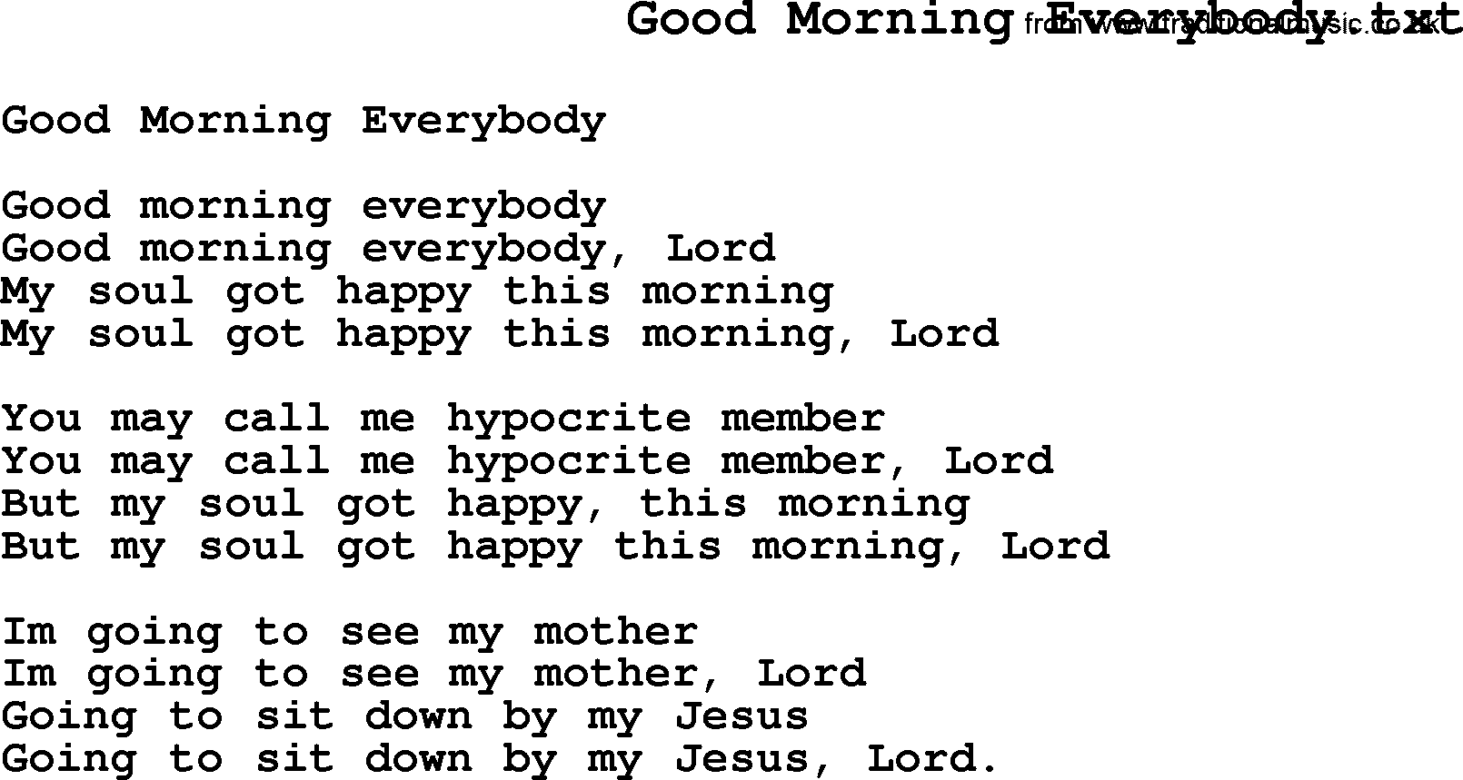 Negro Spiritual Song Lyrics for Good Morning Everybody