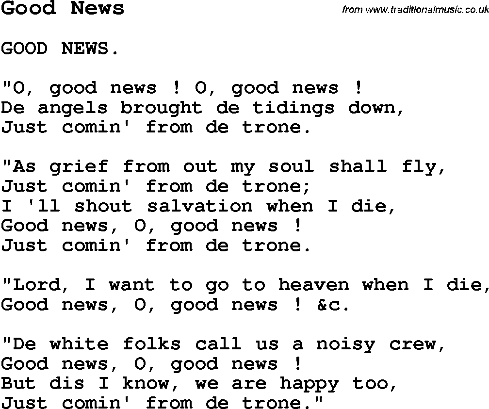 Negro Spiritual Song Lyrics for Good News