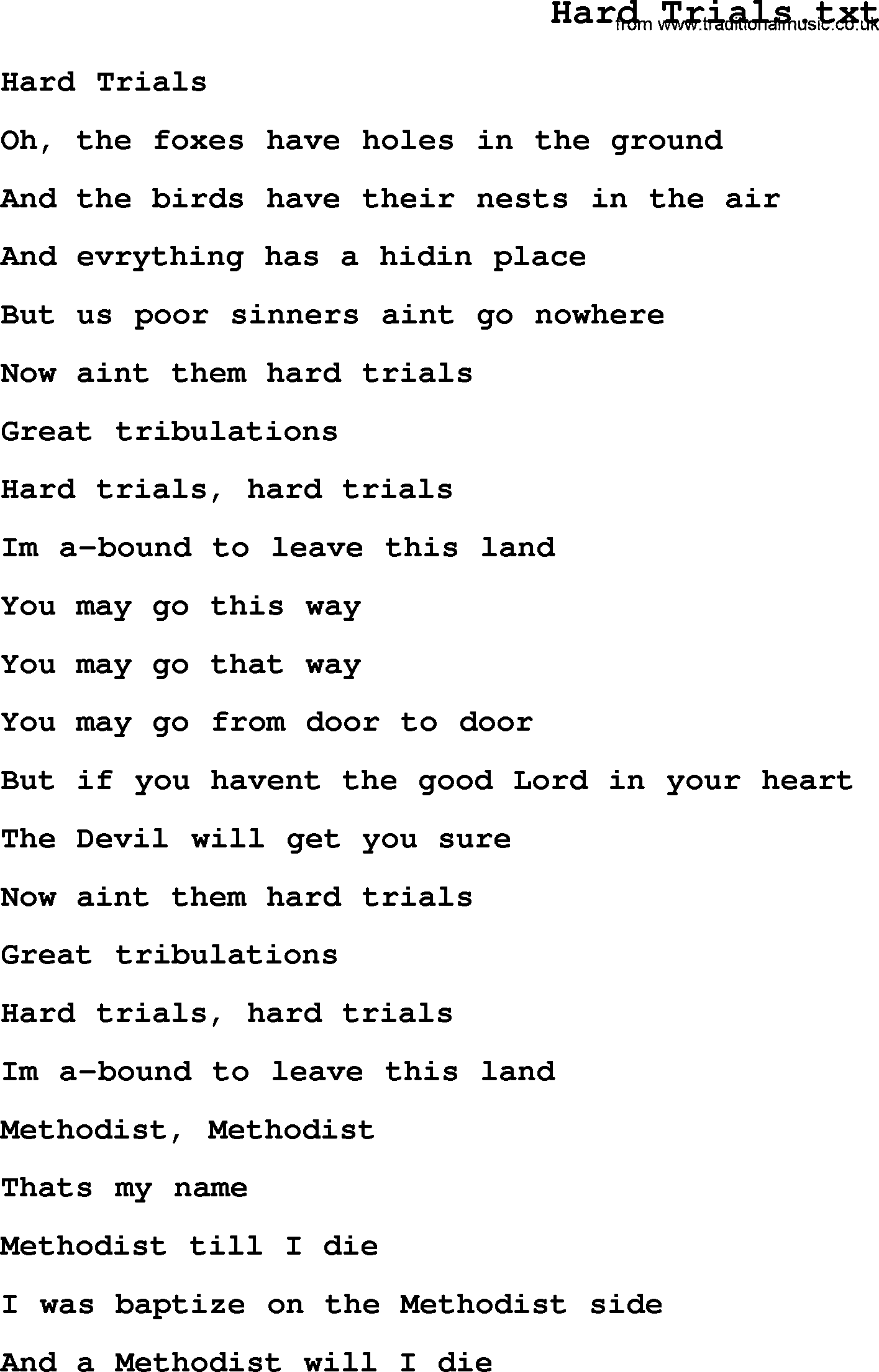 Negro Spiritual Song Lyrics for Hard Trials