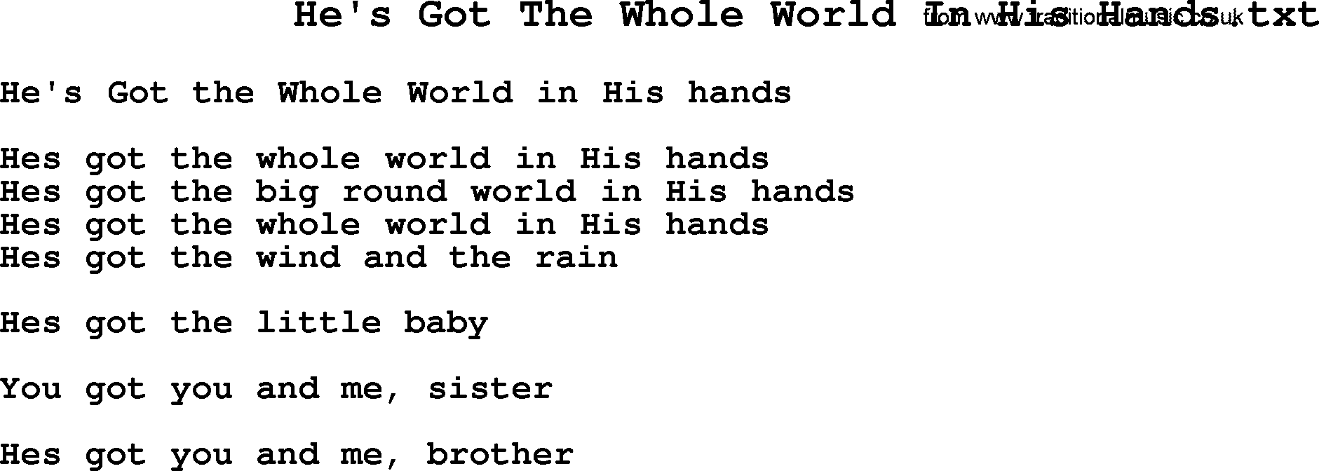 Negro Spiritual Song Lyrics for He's Got The Whole World In His Hands