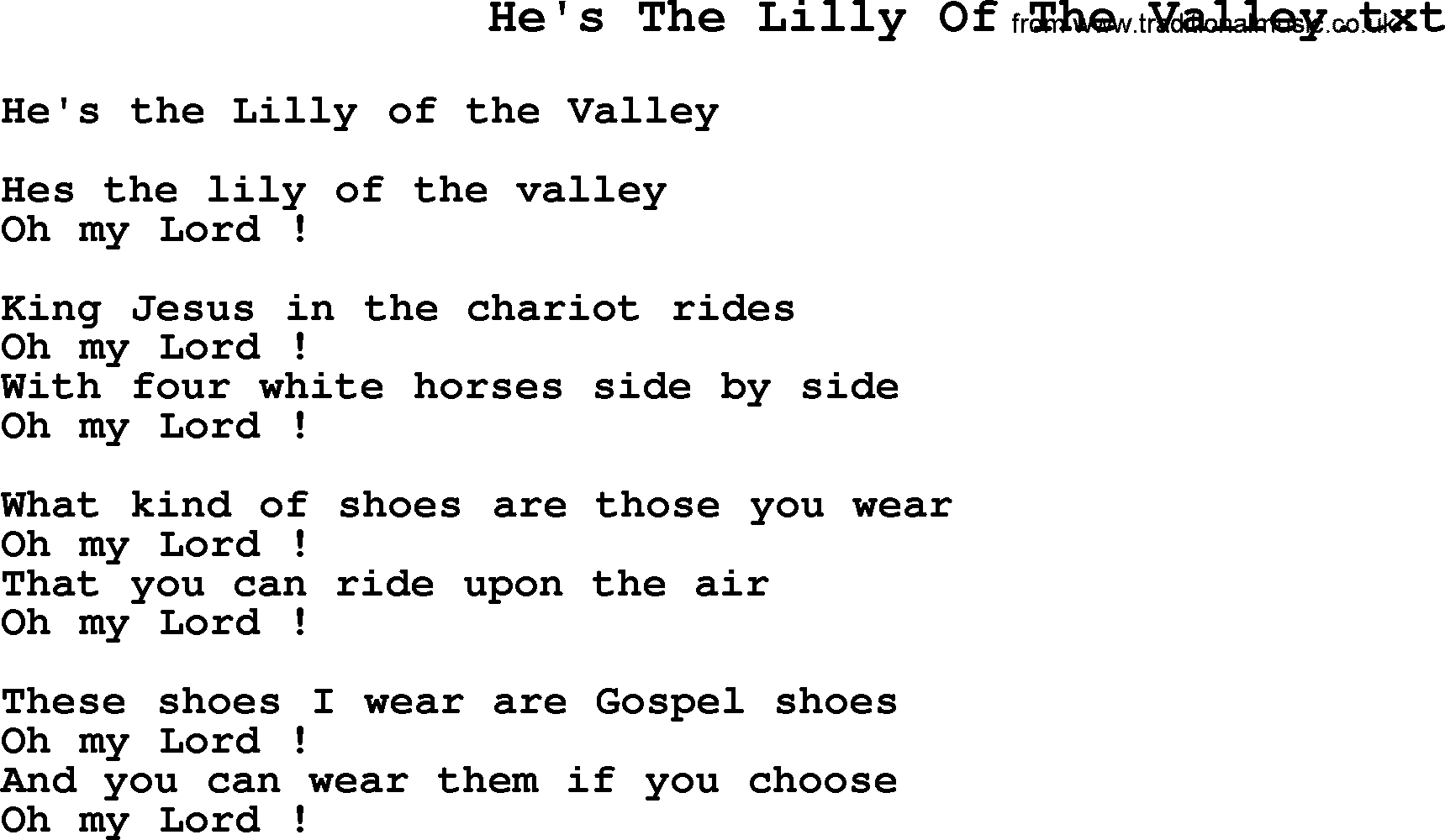Negro Spiritual Song Lyrics for He's The Lilly Of The Valley