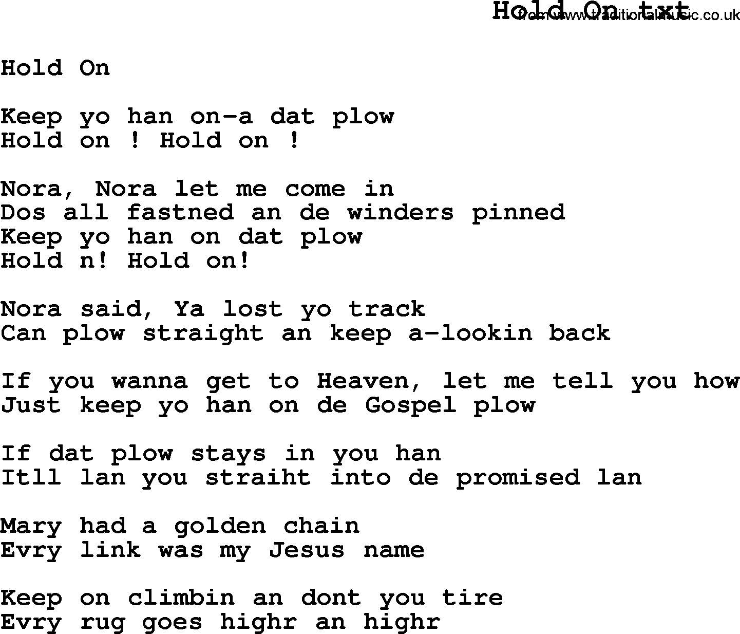 Negro Spiritual Song Lyrics for Hold On