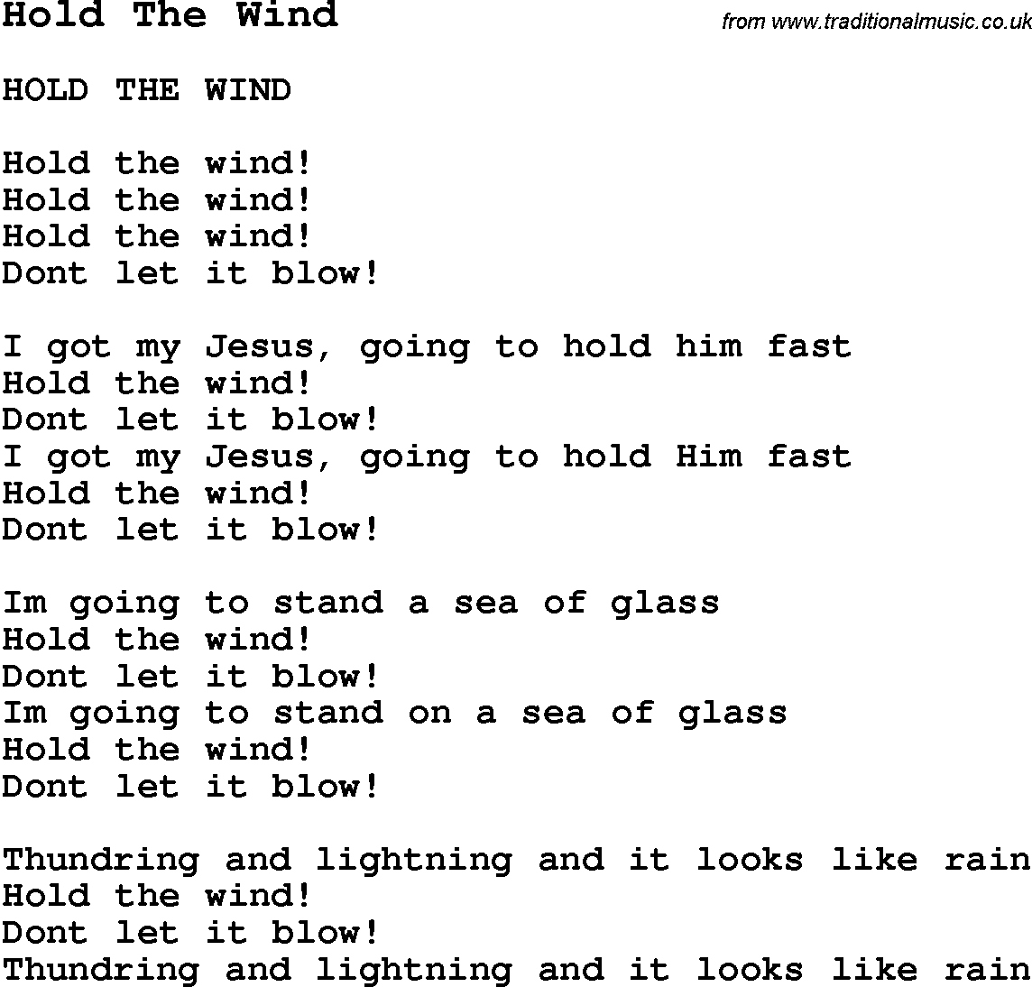 Negro Spiritual Song Lyrics for Hold The Wind