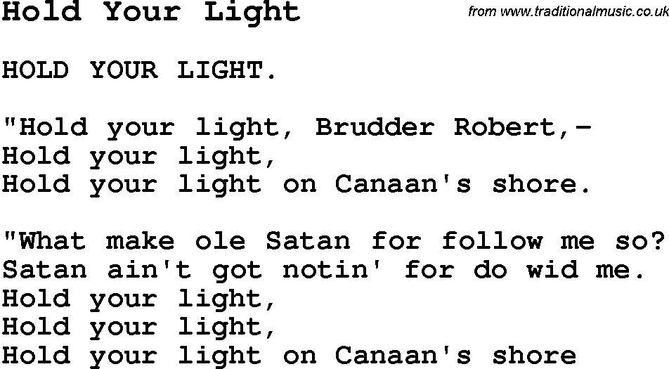 Negro Spiritual Song Lyrics for Hold Your Light