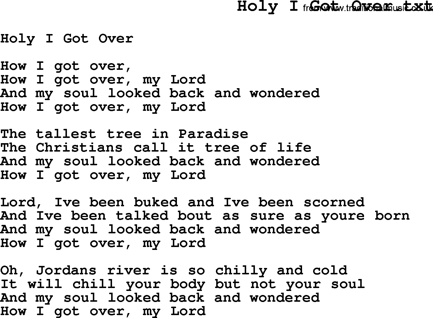 Negro Spiritual Song Lyrics for Holy I Got Over