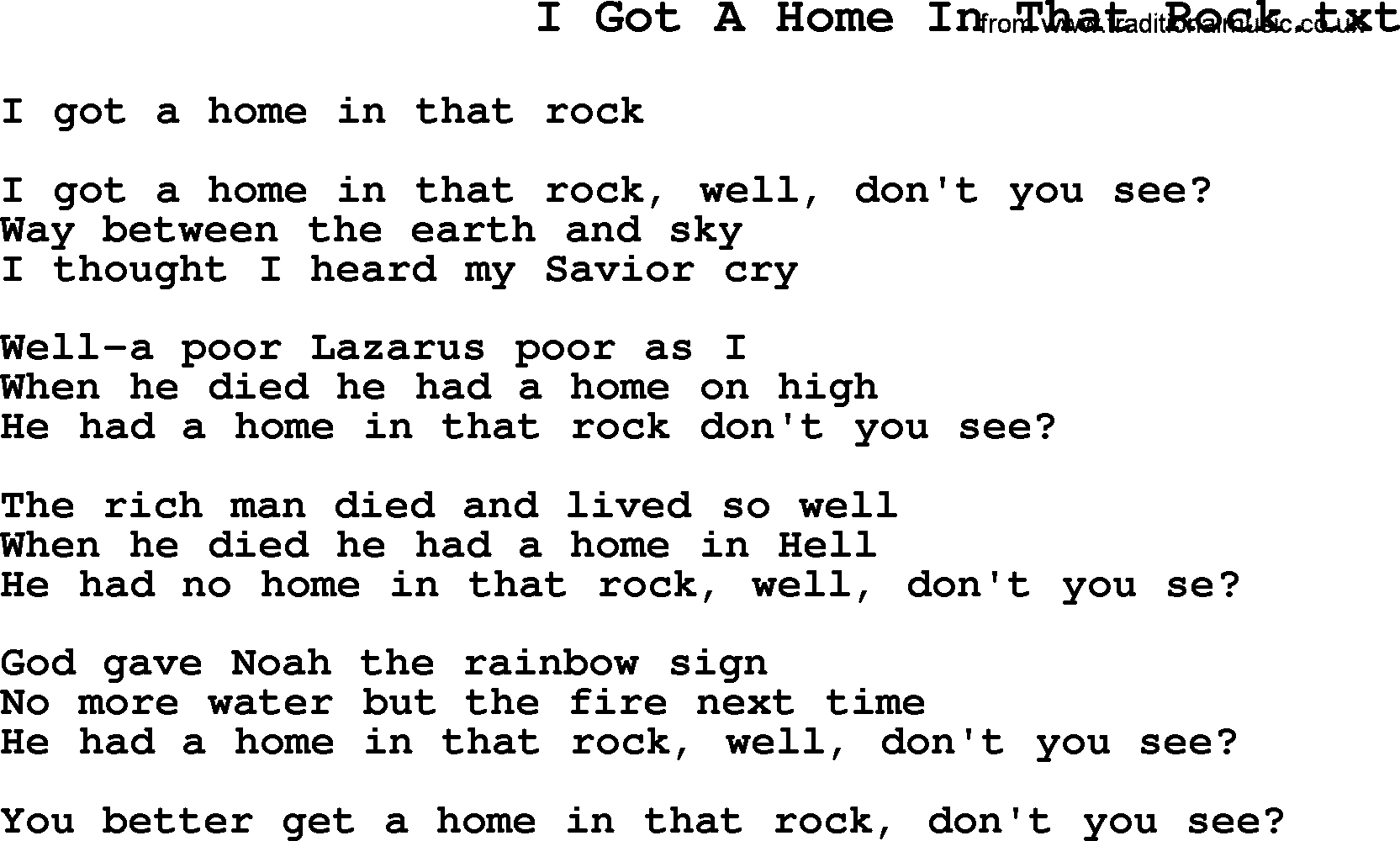 Negro Spiritual Song Lyrics for I Got A Home In That Rock