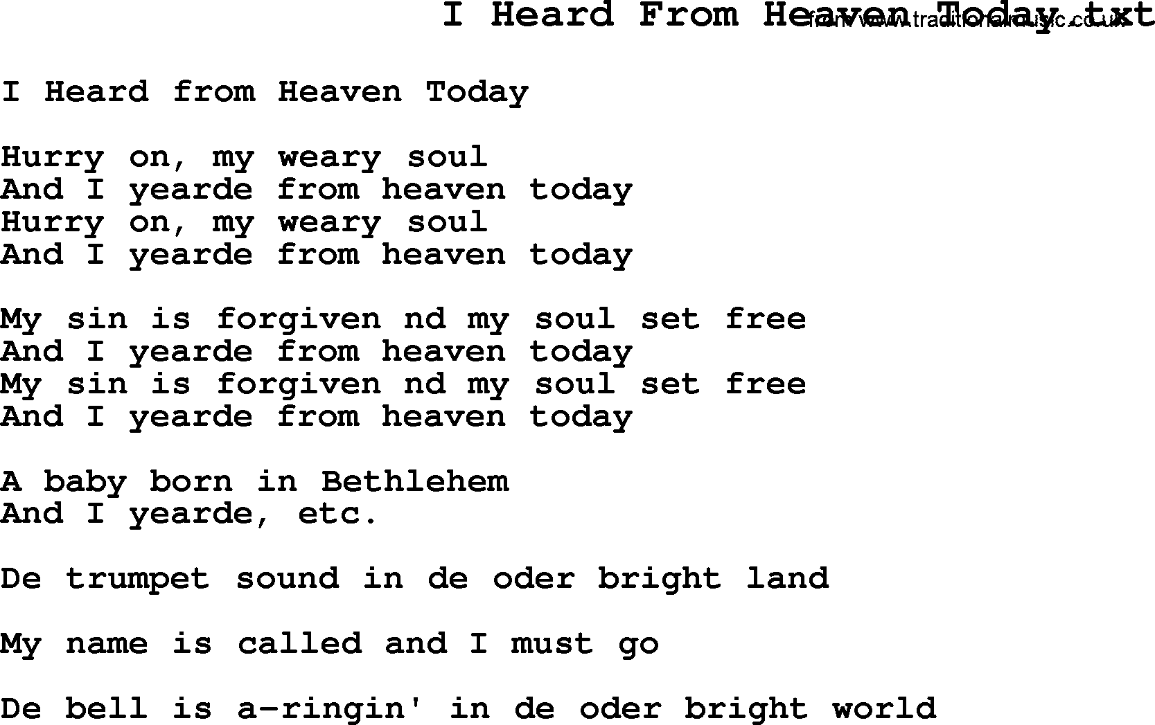 Negro Spiritual Song Lyrics for I Heard From Heaven Today