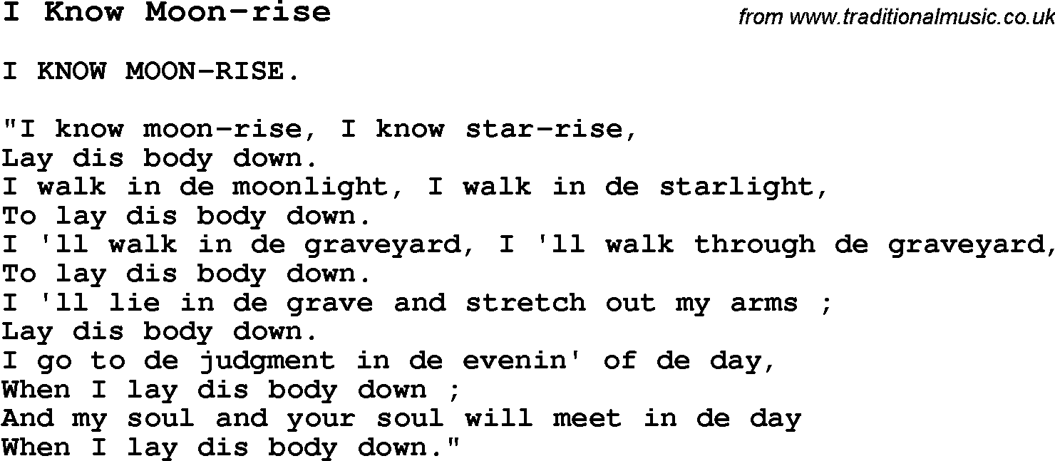 Negro Spiritual Song Lyrics for I Know Moon Rise