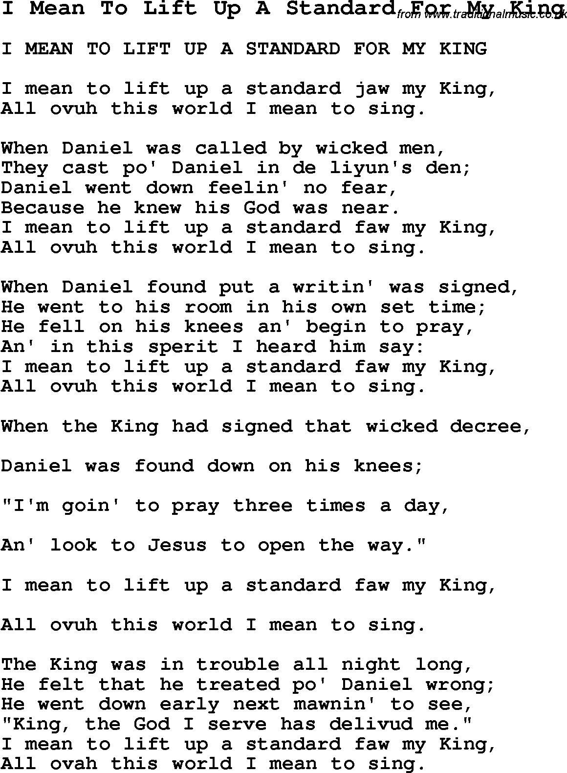 Negro Spiritual Song Lyrics for I Mean To Lift Up A Standard For My King