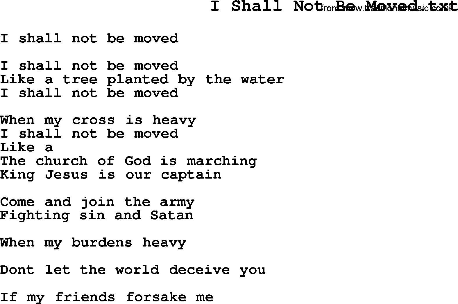 Negro Spiritual Song Lyrics for I Shall Not Be Moved
