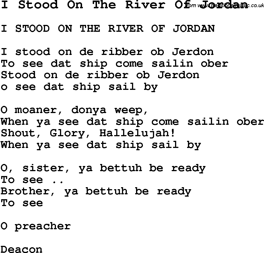Negro Spiritual Song Lyrics for I Stood On The River Of Jordan